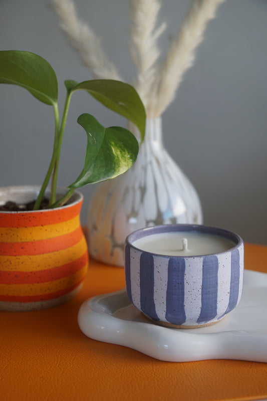 Periwinkle Striped Ceramic Candle