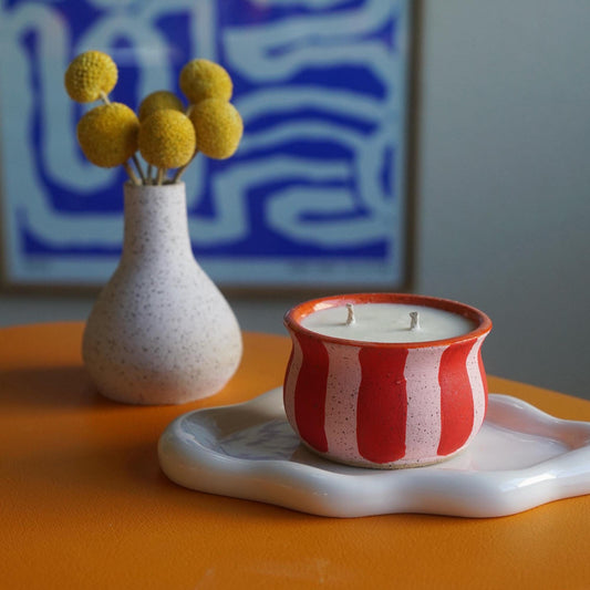 Red & Pink Striped Ceramic Candle