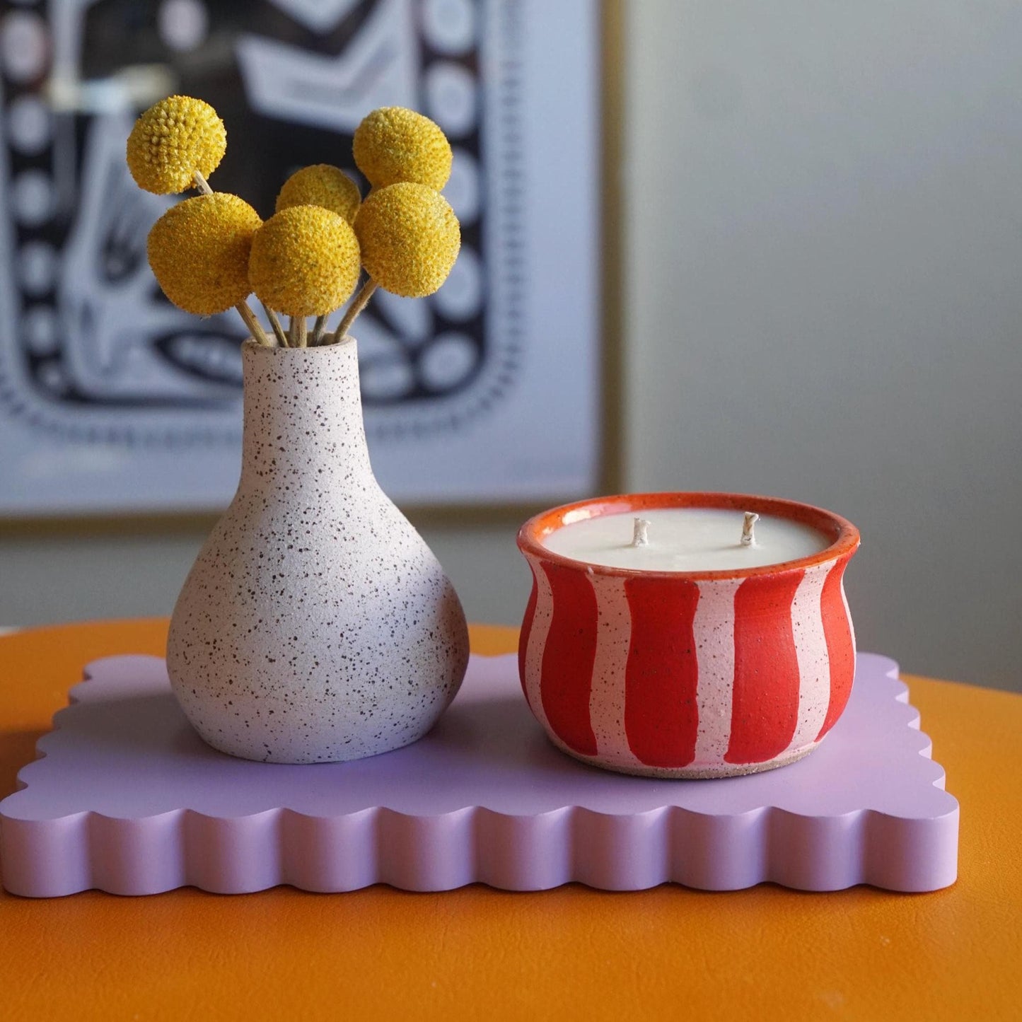 Red & Pink Striped Ceramic Candle