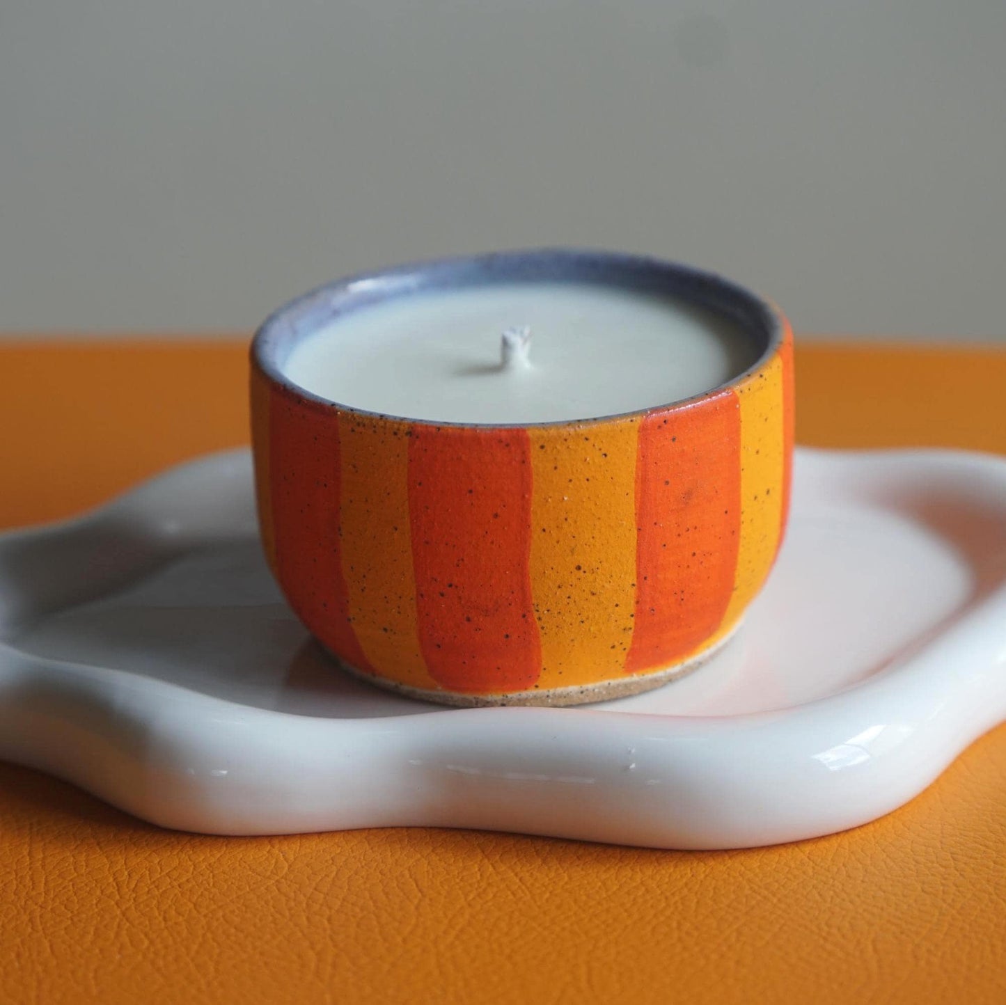 Orange Striped Ceramic Candle
