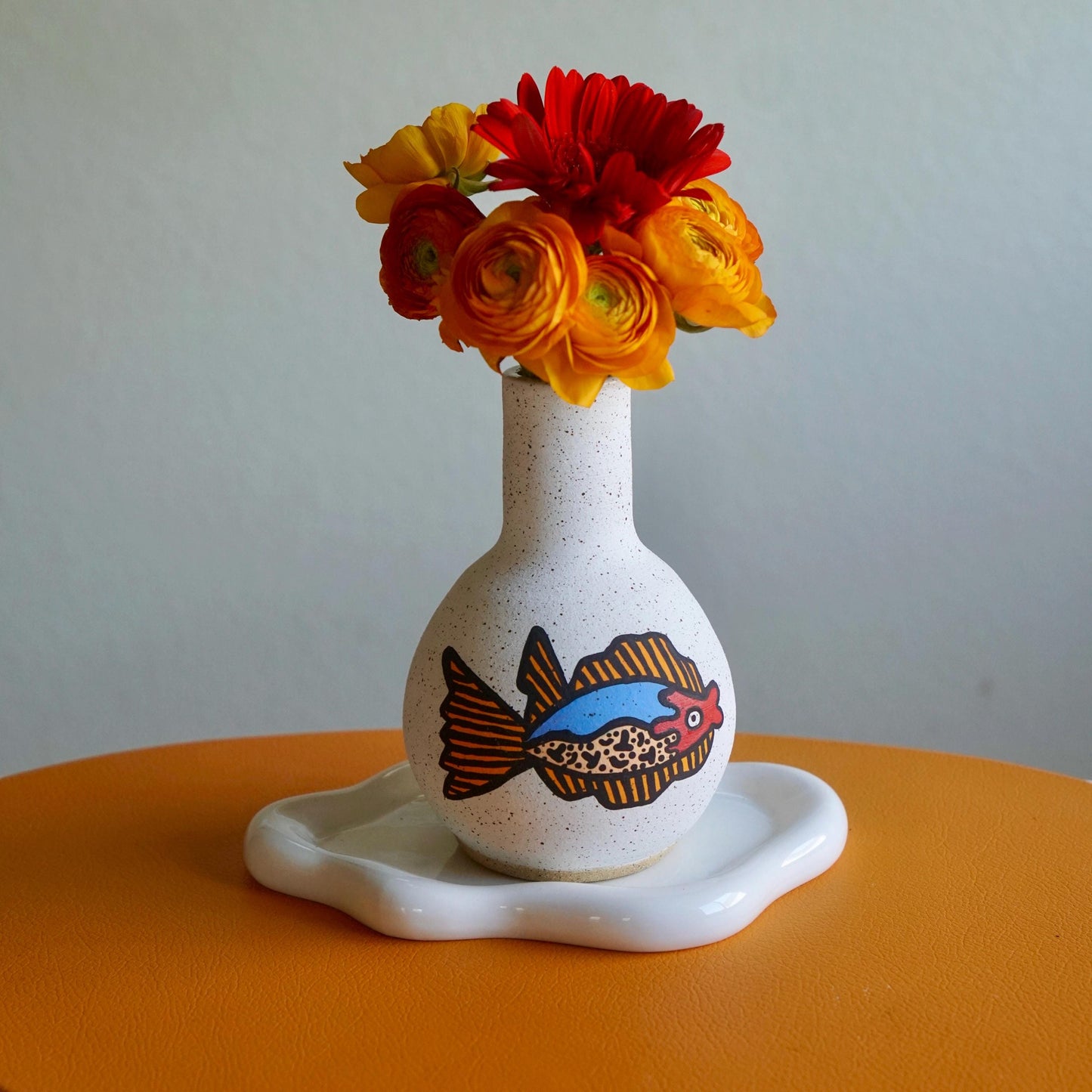 Orange and Blue Ceramic Fish Vase