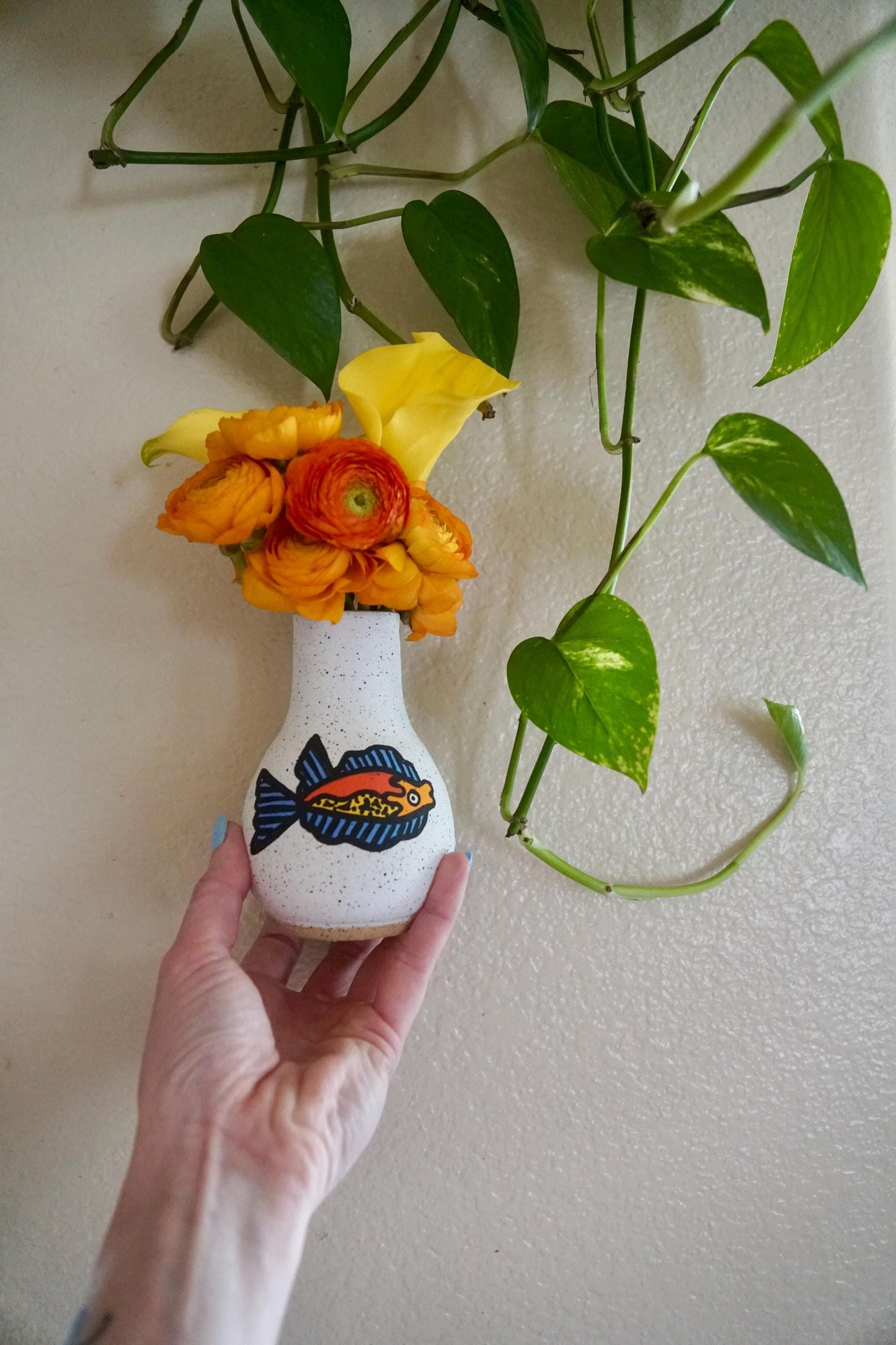 Bright Orange and Blue Ceramic Fish Vase