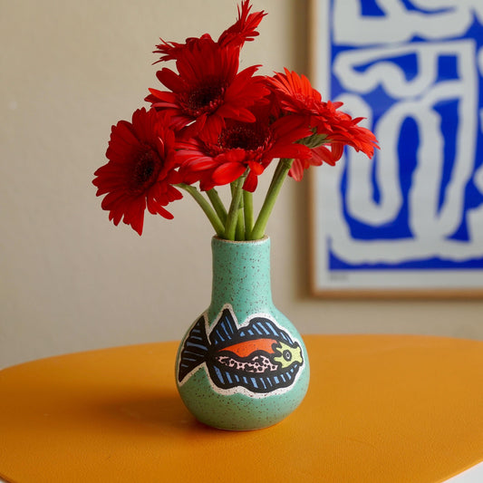 Teal Ceramic Fish Vase