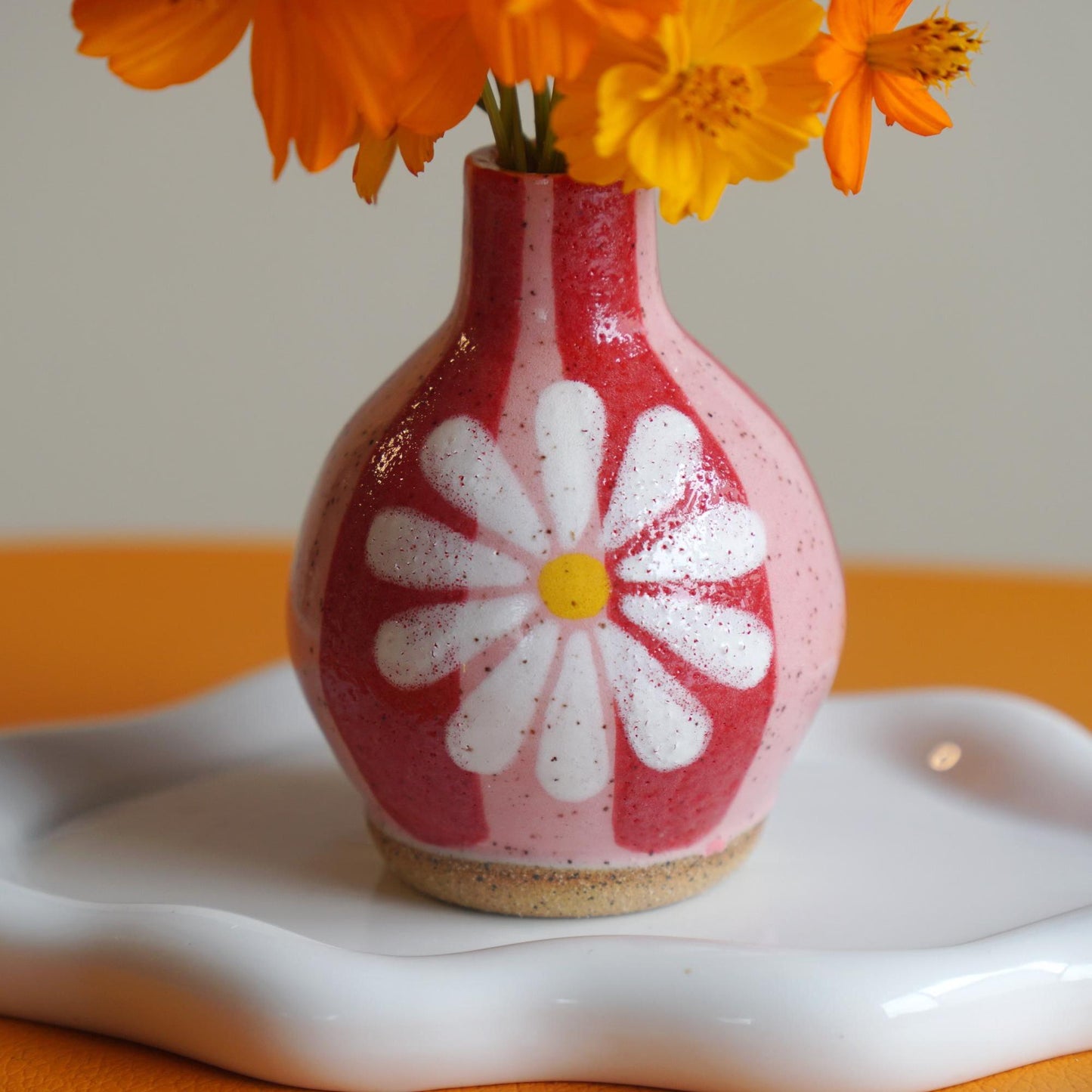 Handmade Ceramic Bud Vase- Pink & Red Striped Ceramic Flower Vase- Colorful Pottery- Housewarming Gifts- Eclectic Decor- Clay Vase