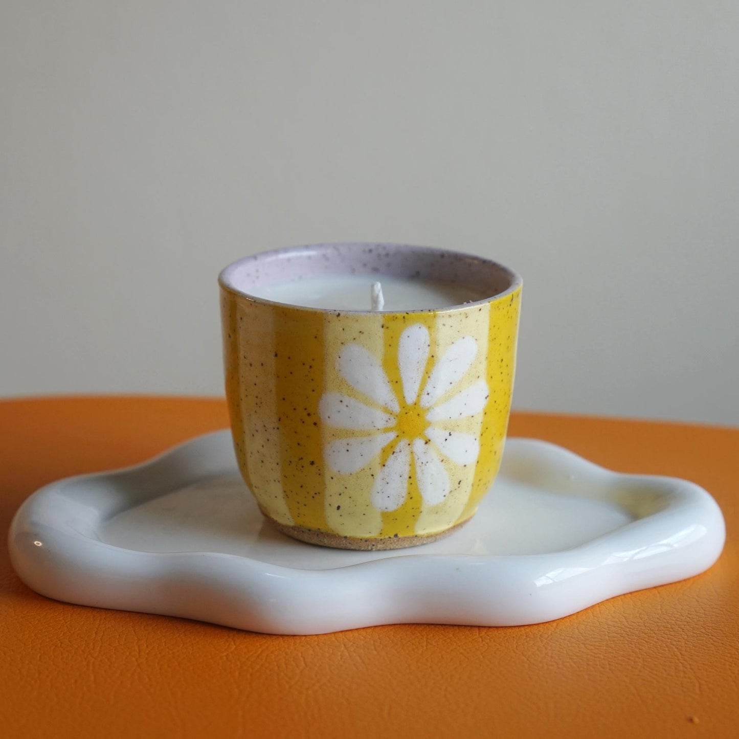 Yellow Striped Ceramic Candle with Flower -Handmade Pottery-Toxin Free Soy Juniper Berry Scented- Housewarming Gift- Reusable Ceramic Candle