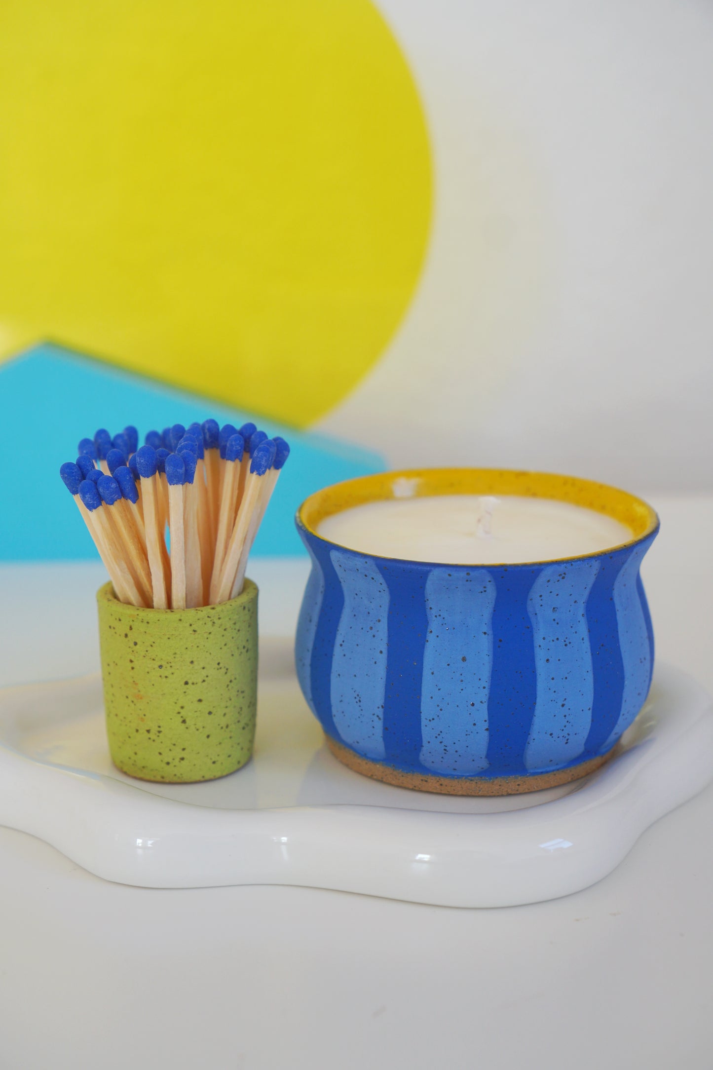 Blue Striped Ceramic Candle
