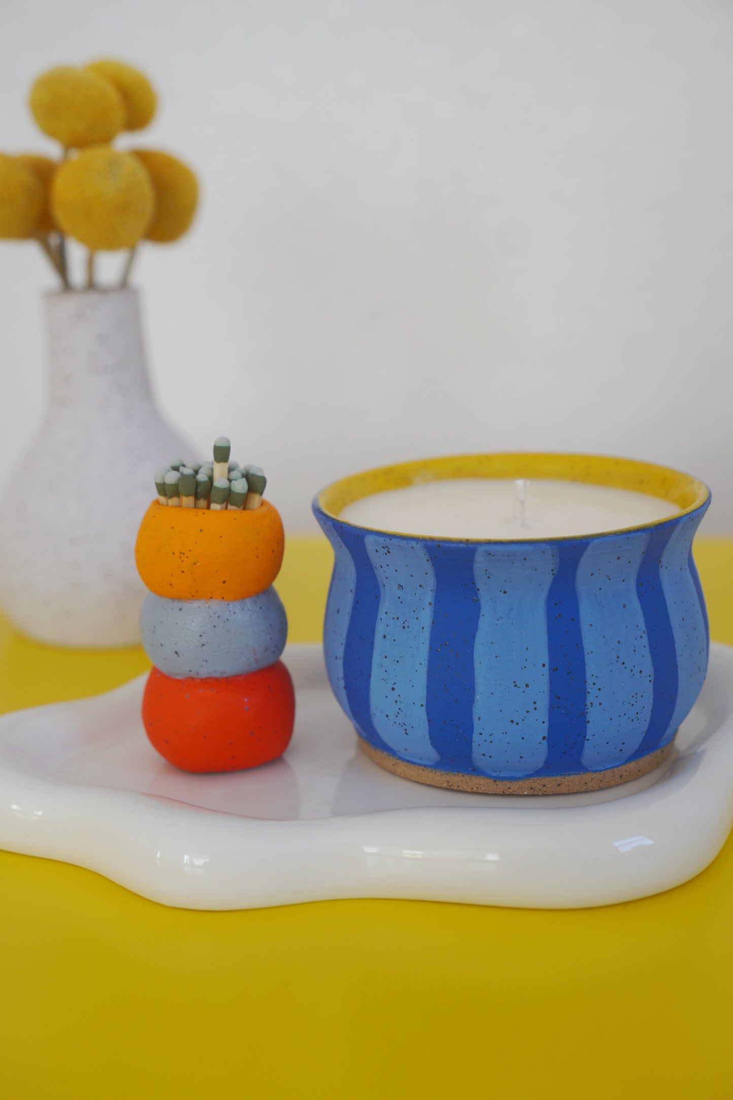 Blue Striped Ceramic Candle