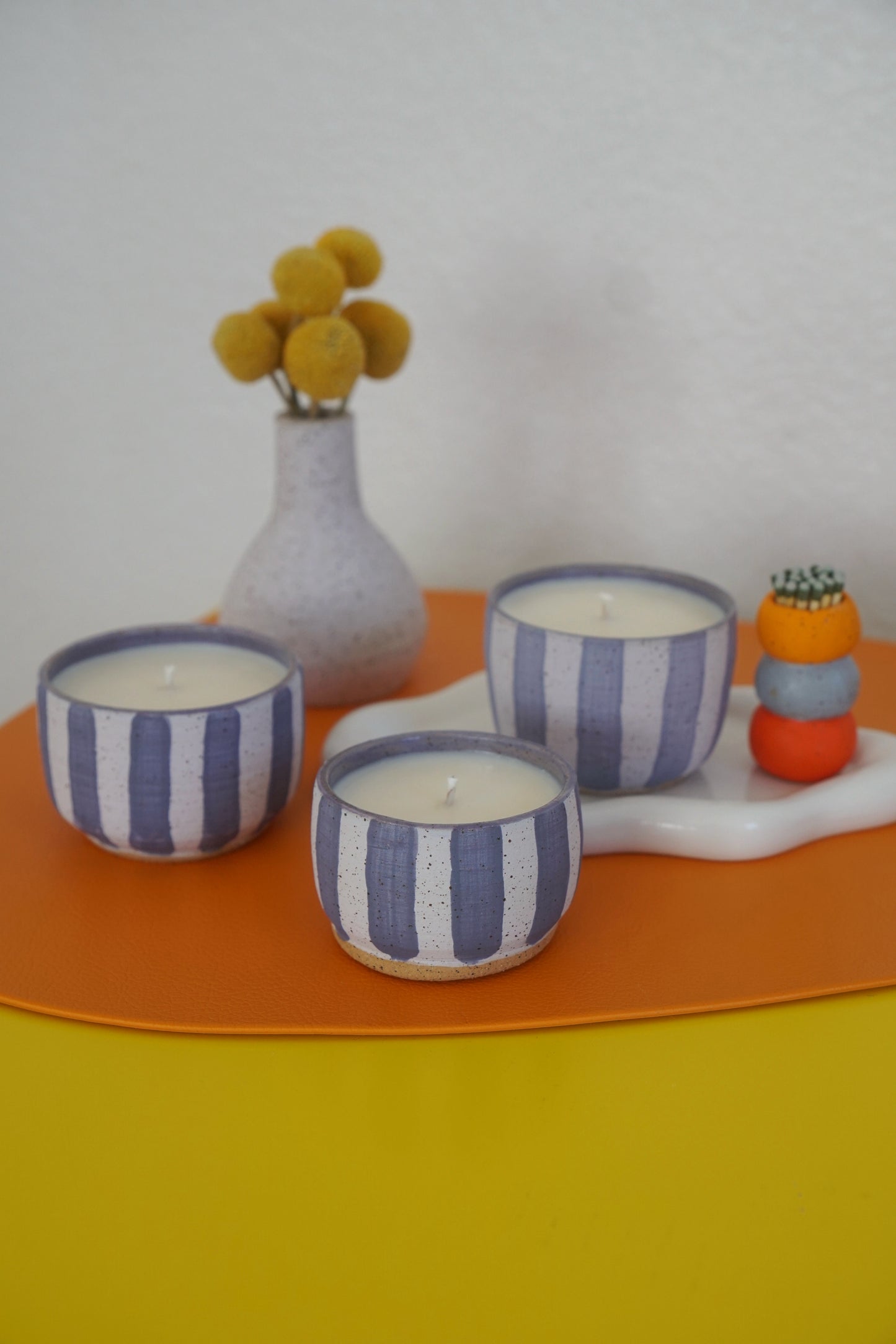 Periwinkle Striped Ceramic Candle