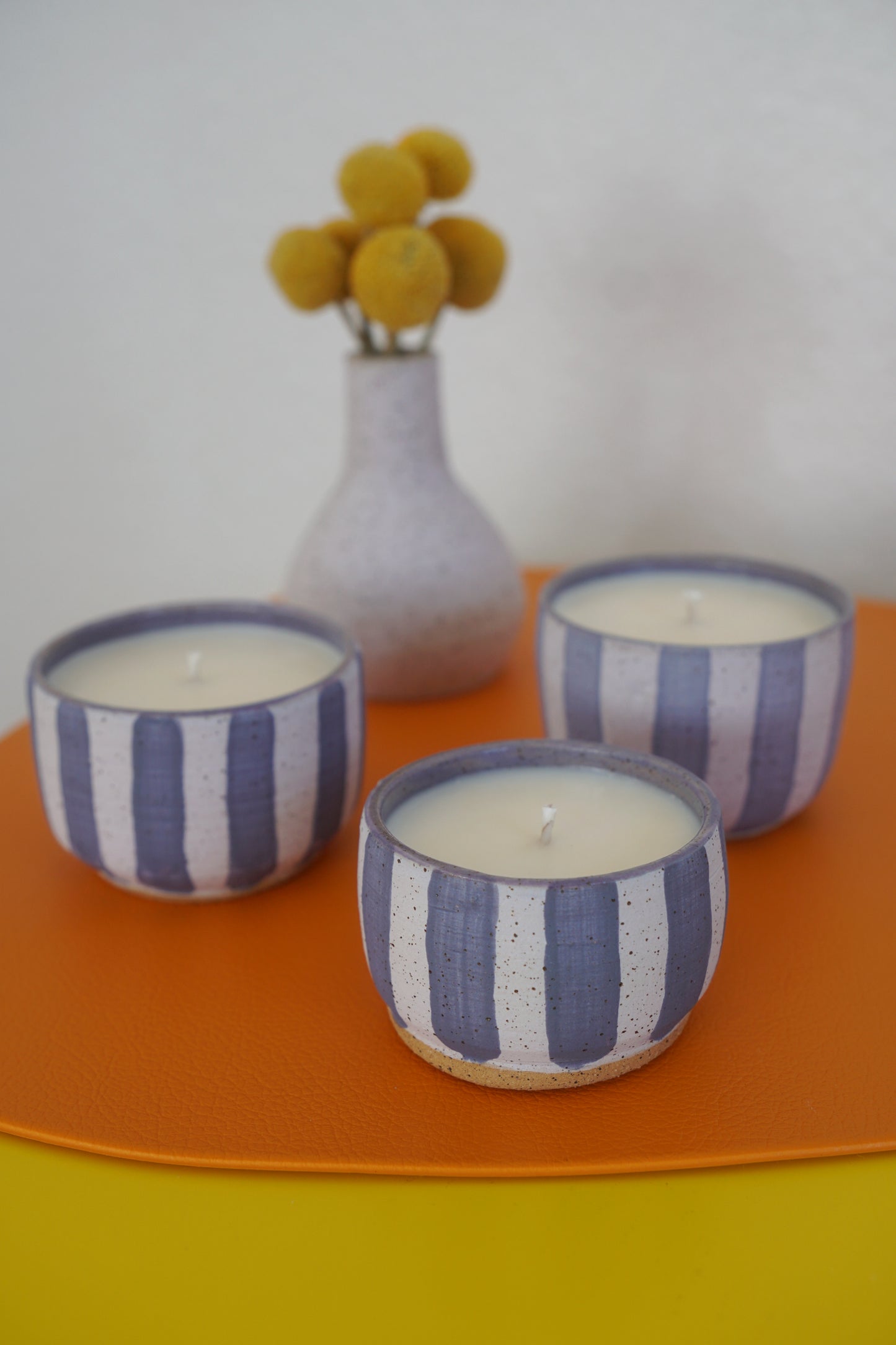 Periwinkle Striped Ceramic Candle