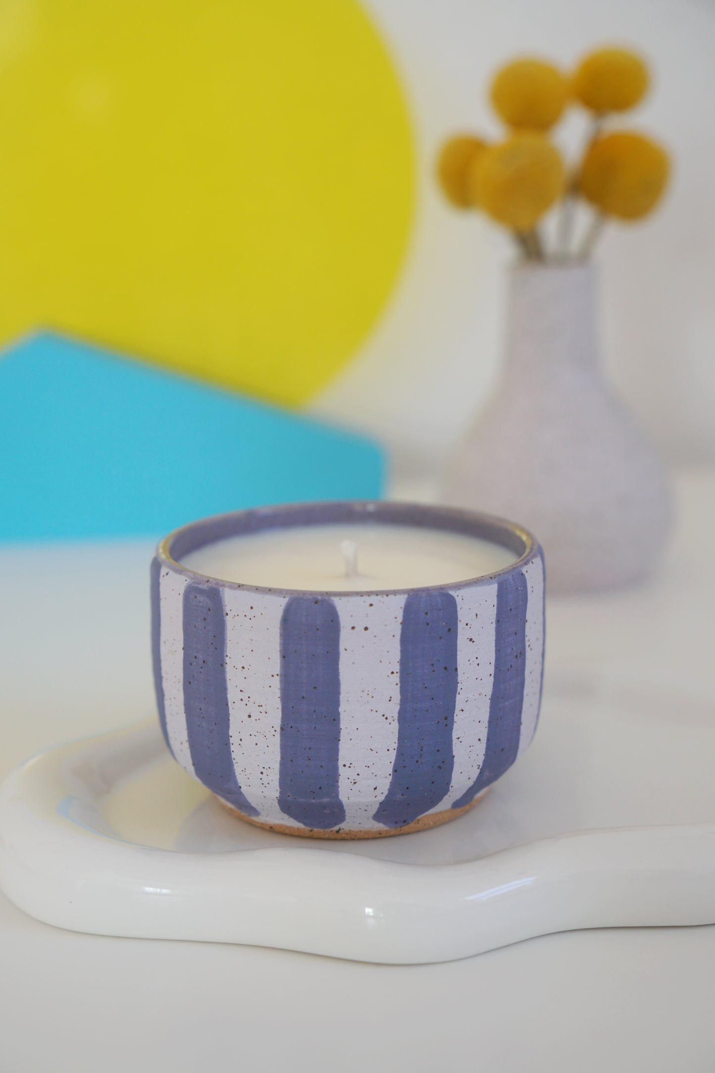 Periwinkle Striped Ceramic Candle