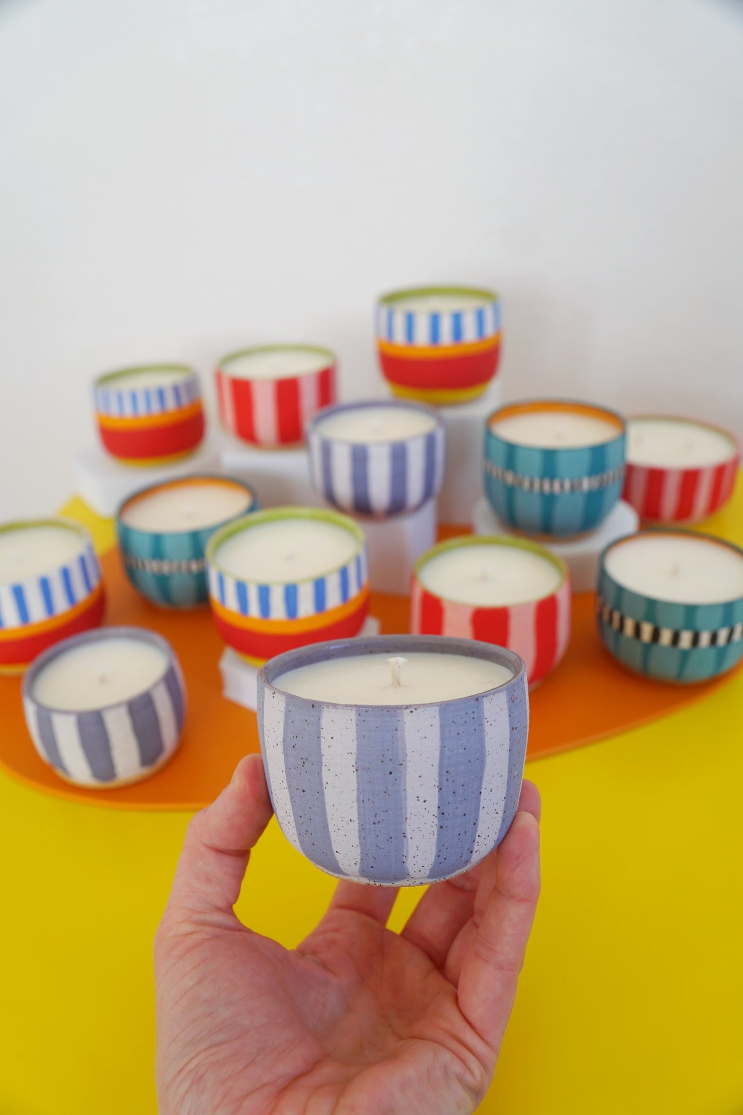 Periwinkle Striped Ceramic Candle