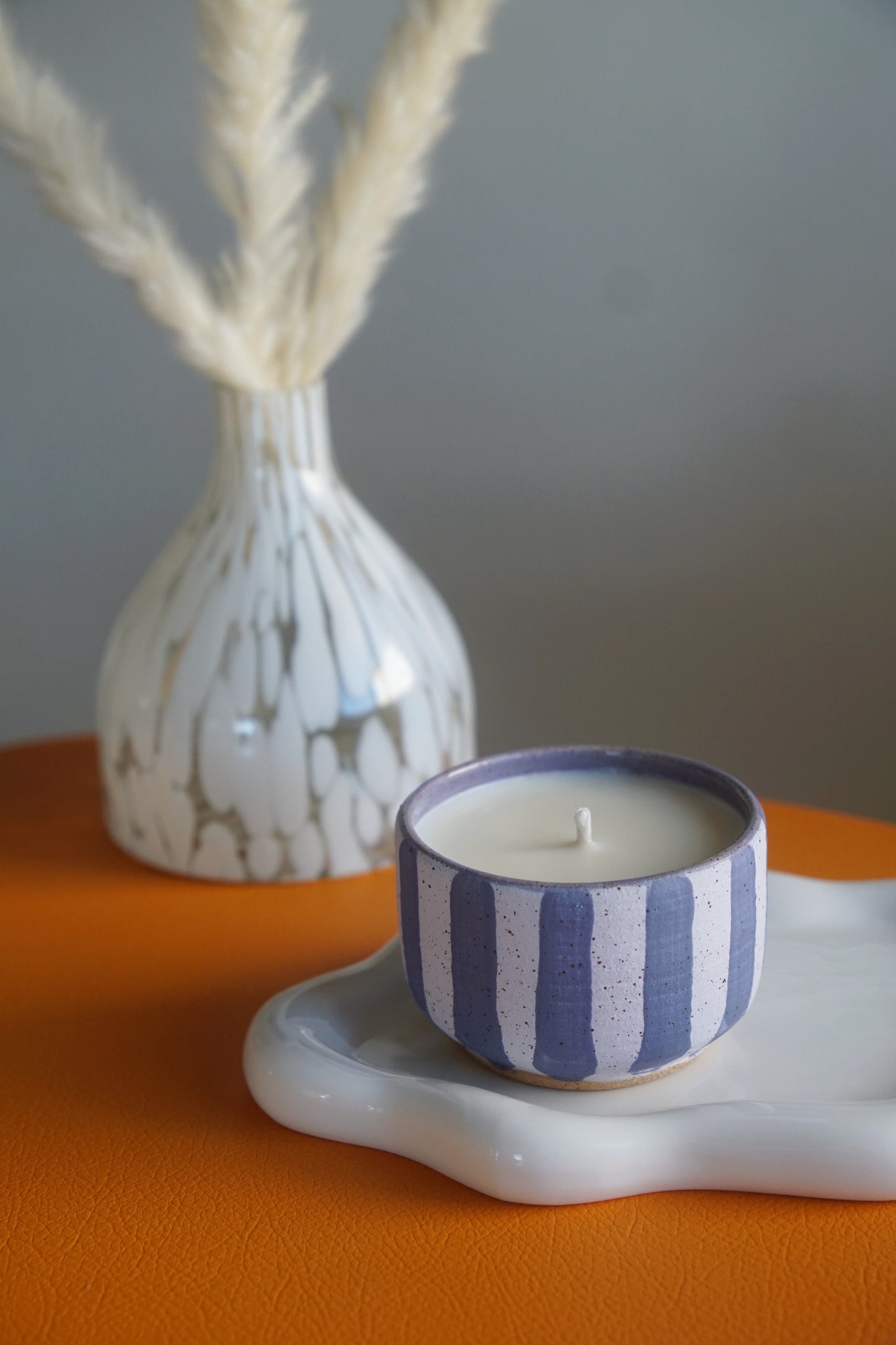 Periwinkle Striped Ceramic Candle