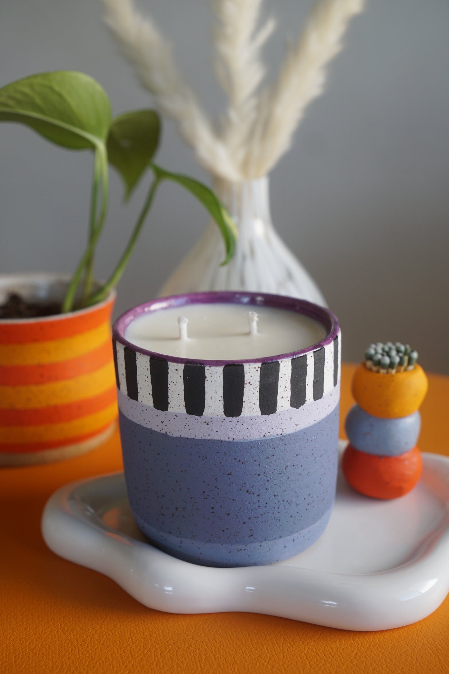 Plum Piano Striped Ceramic Candle