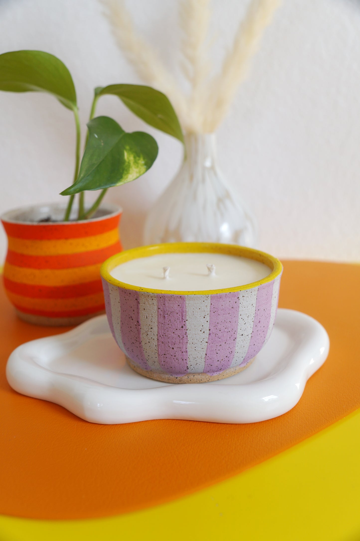 Light Purple Striped Ceramic Candle