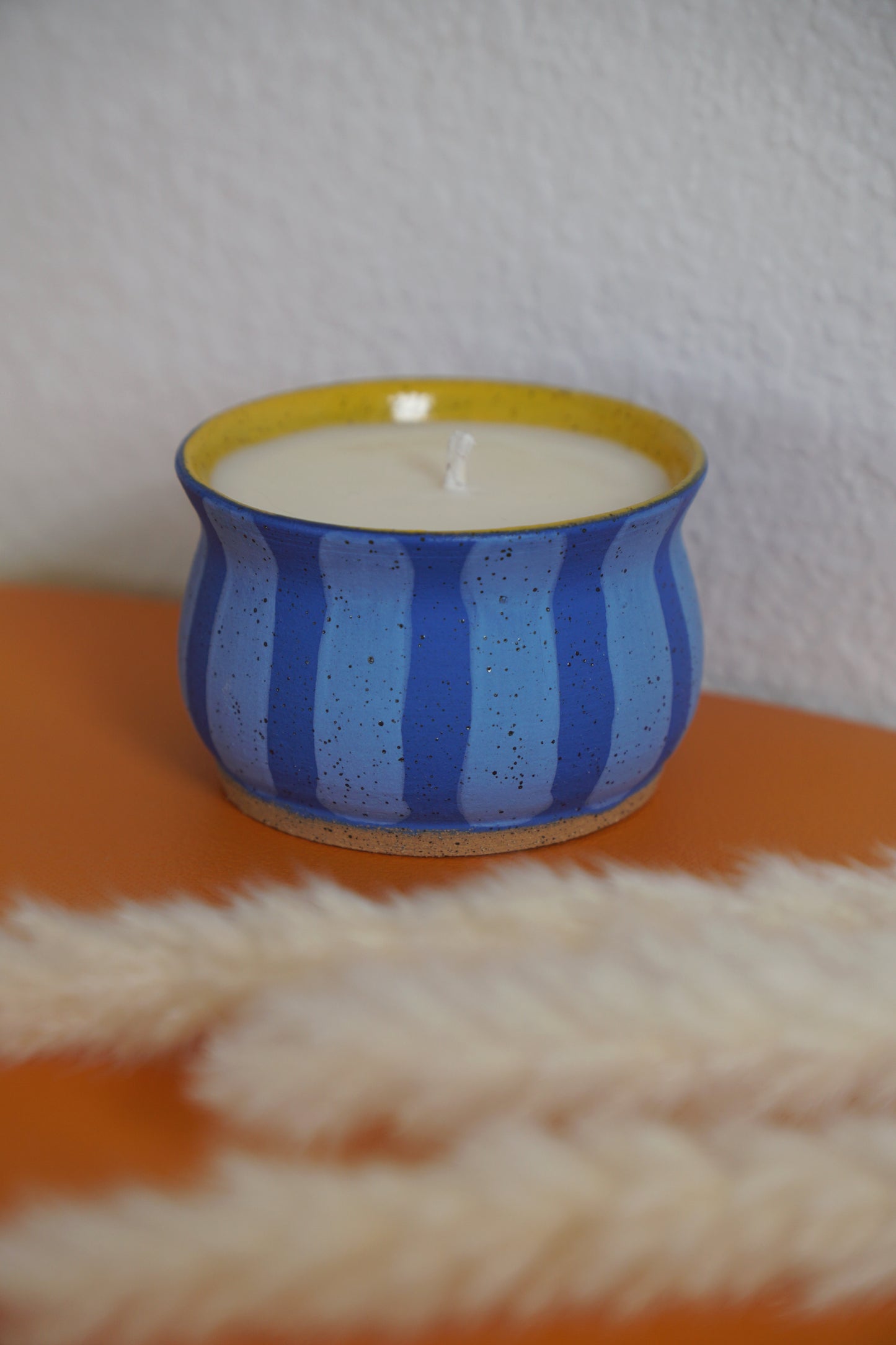 Blue Striped Ceramic Candle