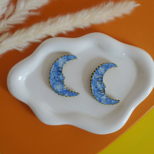 Blue moon-shaped ceramic magnets on a white dish with pampas grass against an orange and yellow background