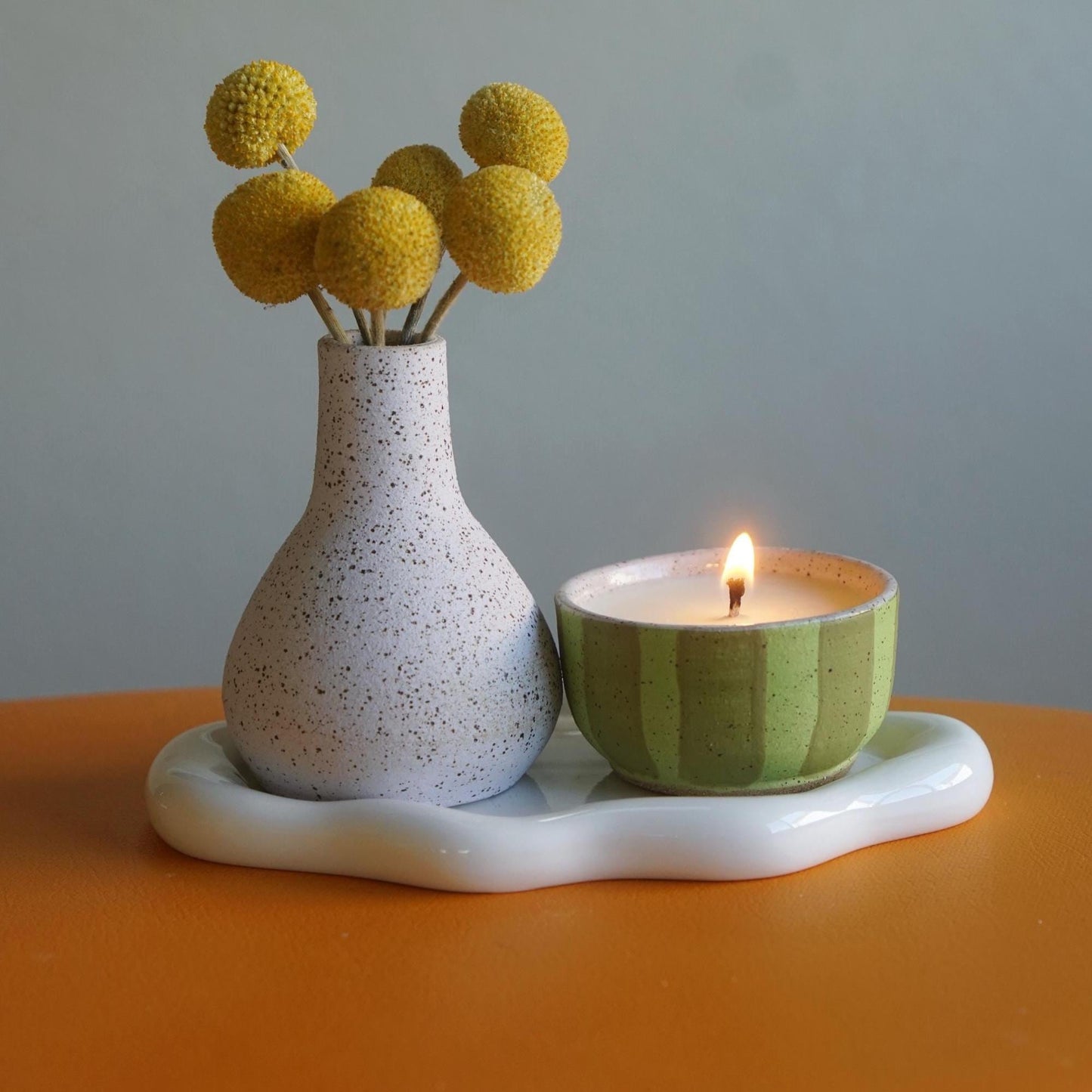 Green Striped Ceramic Candle