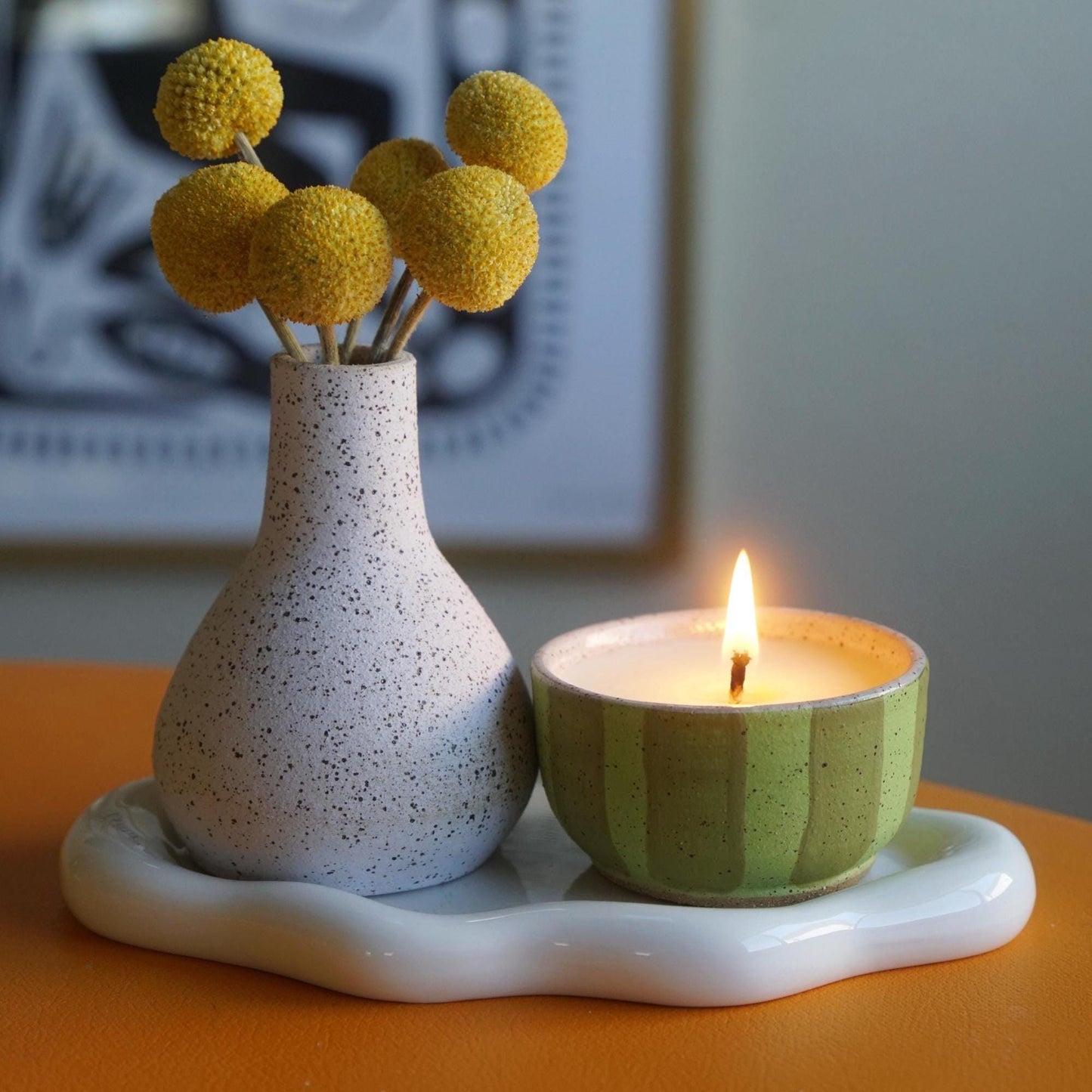 Green Striped Ceramic Candle