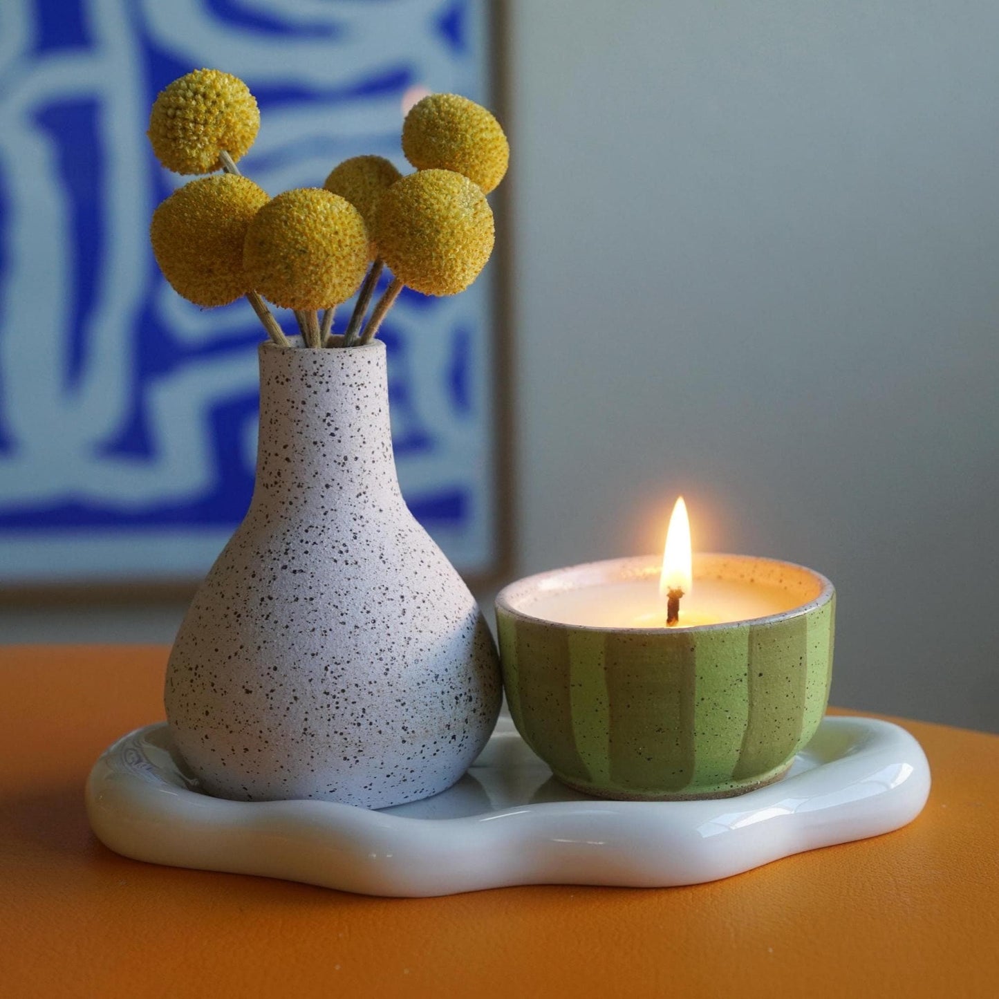 Green Striped Ceramic Candle
