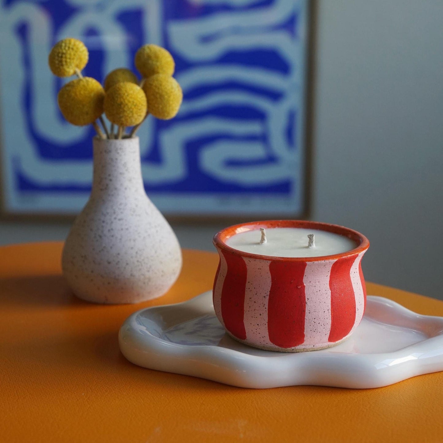 Red & Pink Striped Ceramic Candle