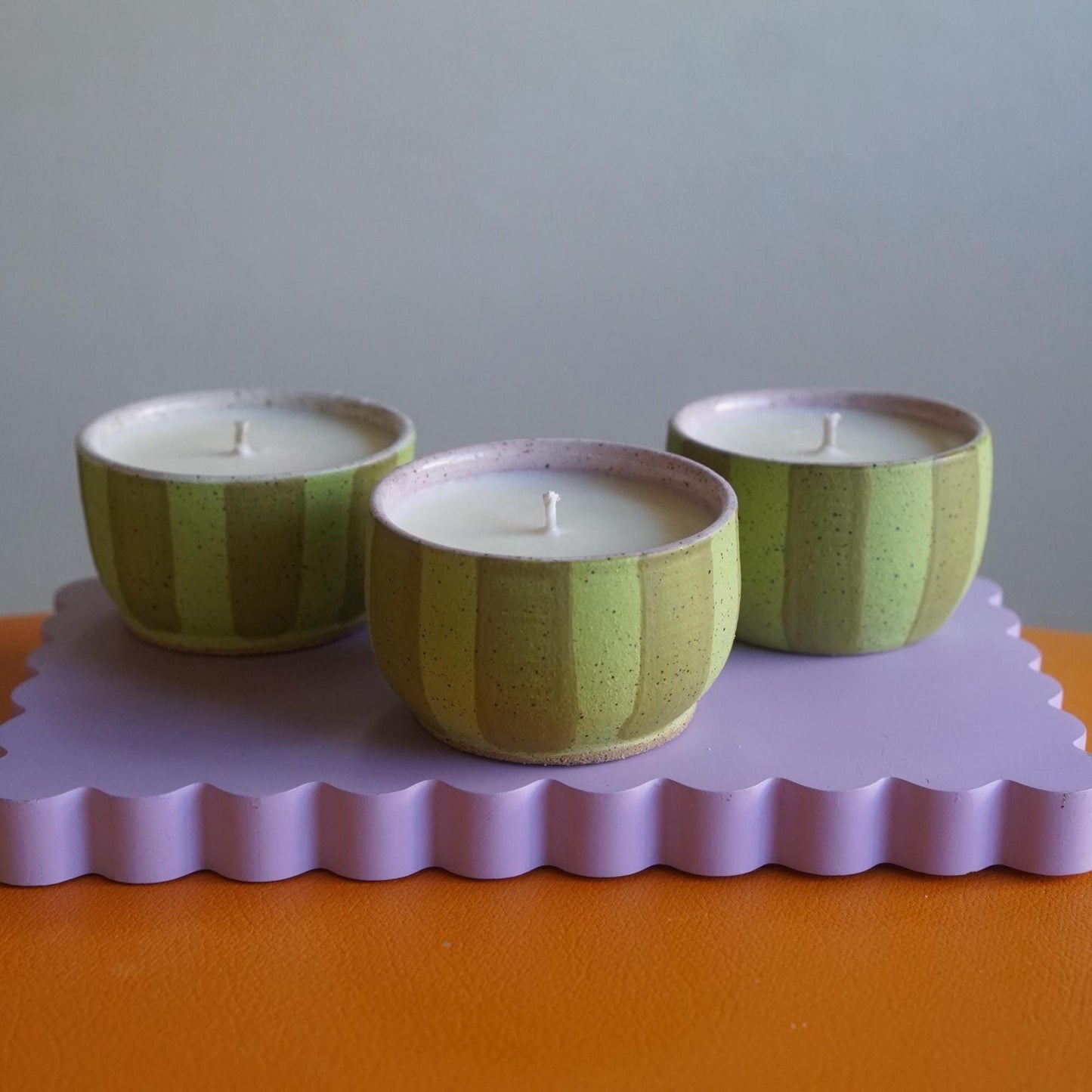 Green Striped Ceramic Candle