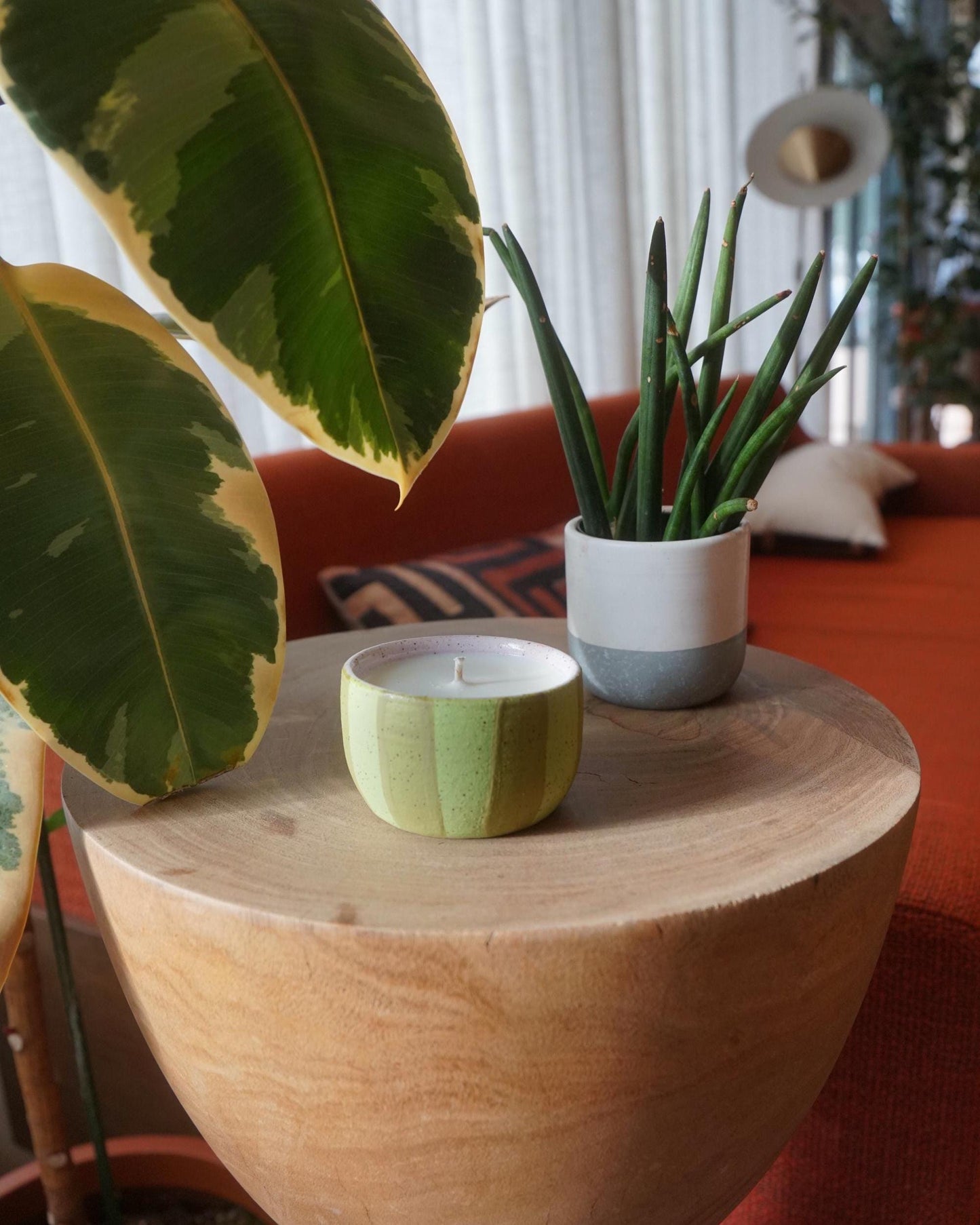 Green Striped Ceramic Candle