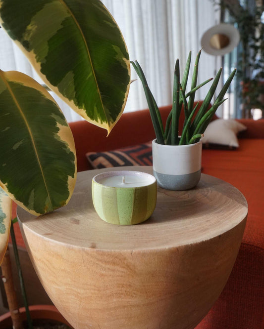 Green Striped Ceramic Candle