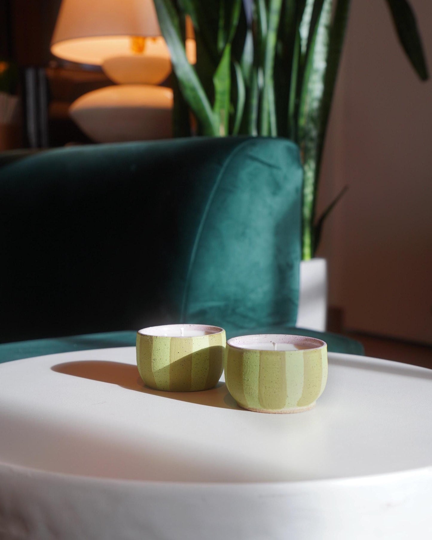 Green Striped Ceramic Candle