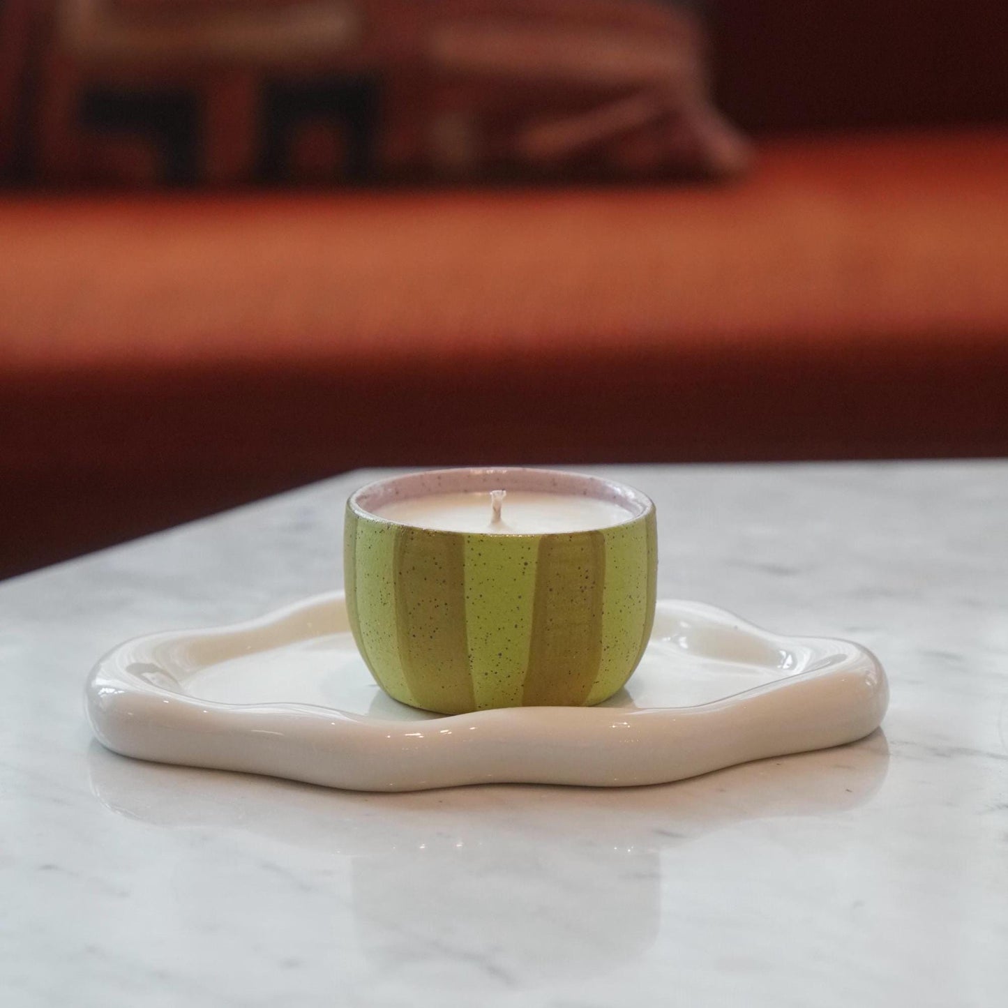 Green Striped Ceramic Candle