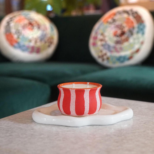 Red & Pink Striped Ceramic Candle
