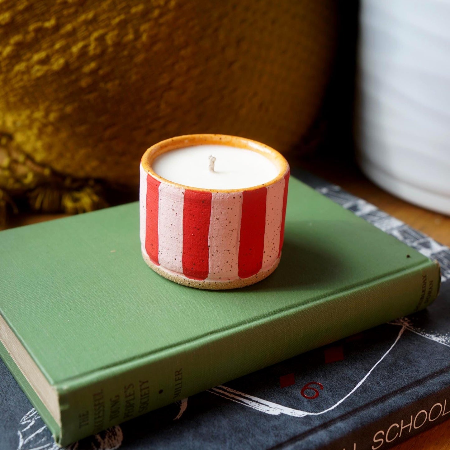Pink & Red Striped Ceramic Candle