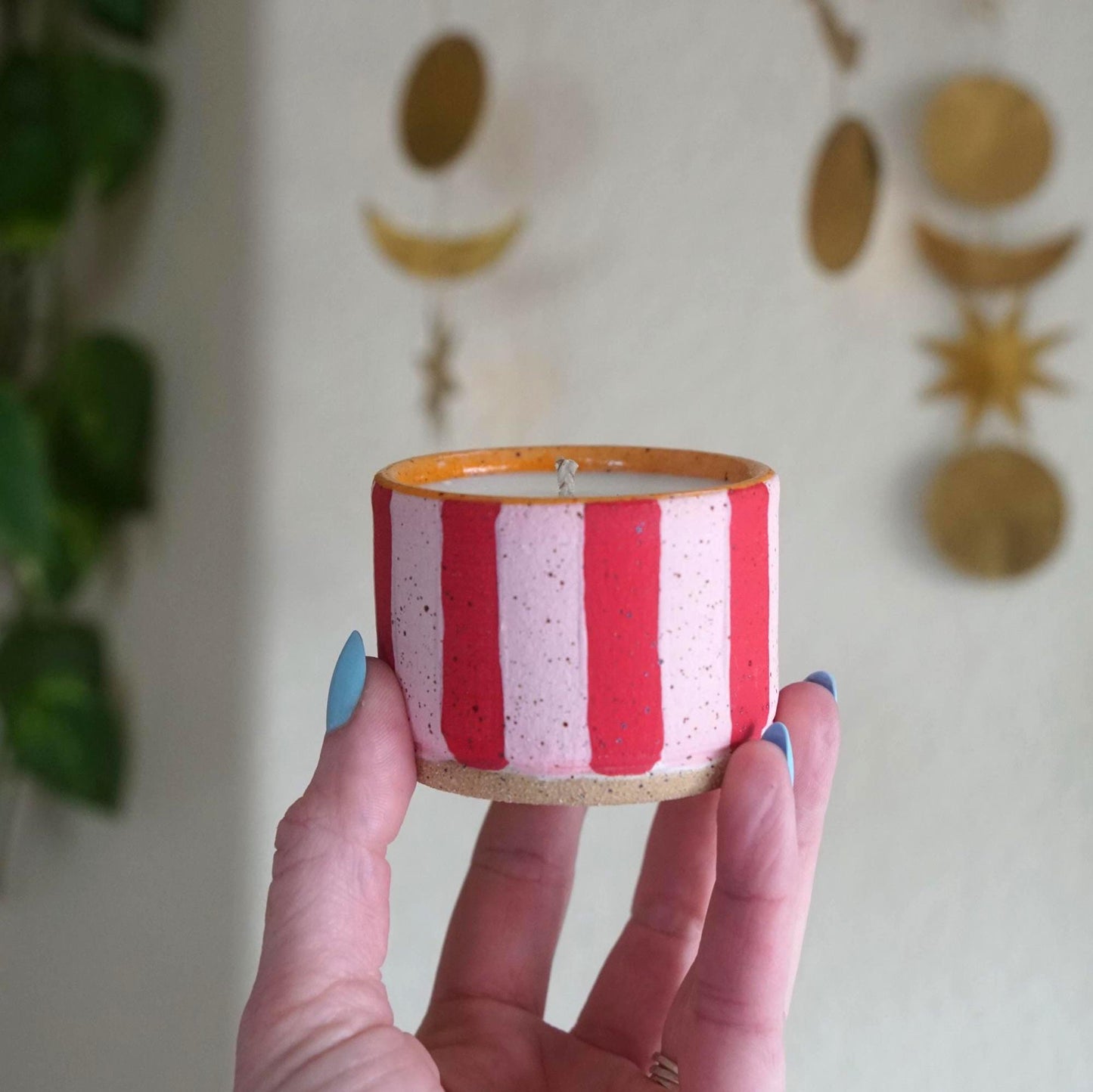Pink & Red Striped Ceramic Candle