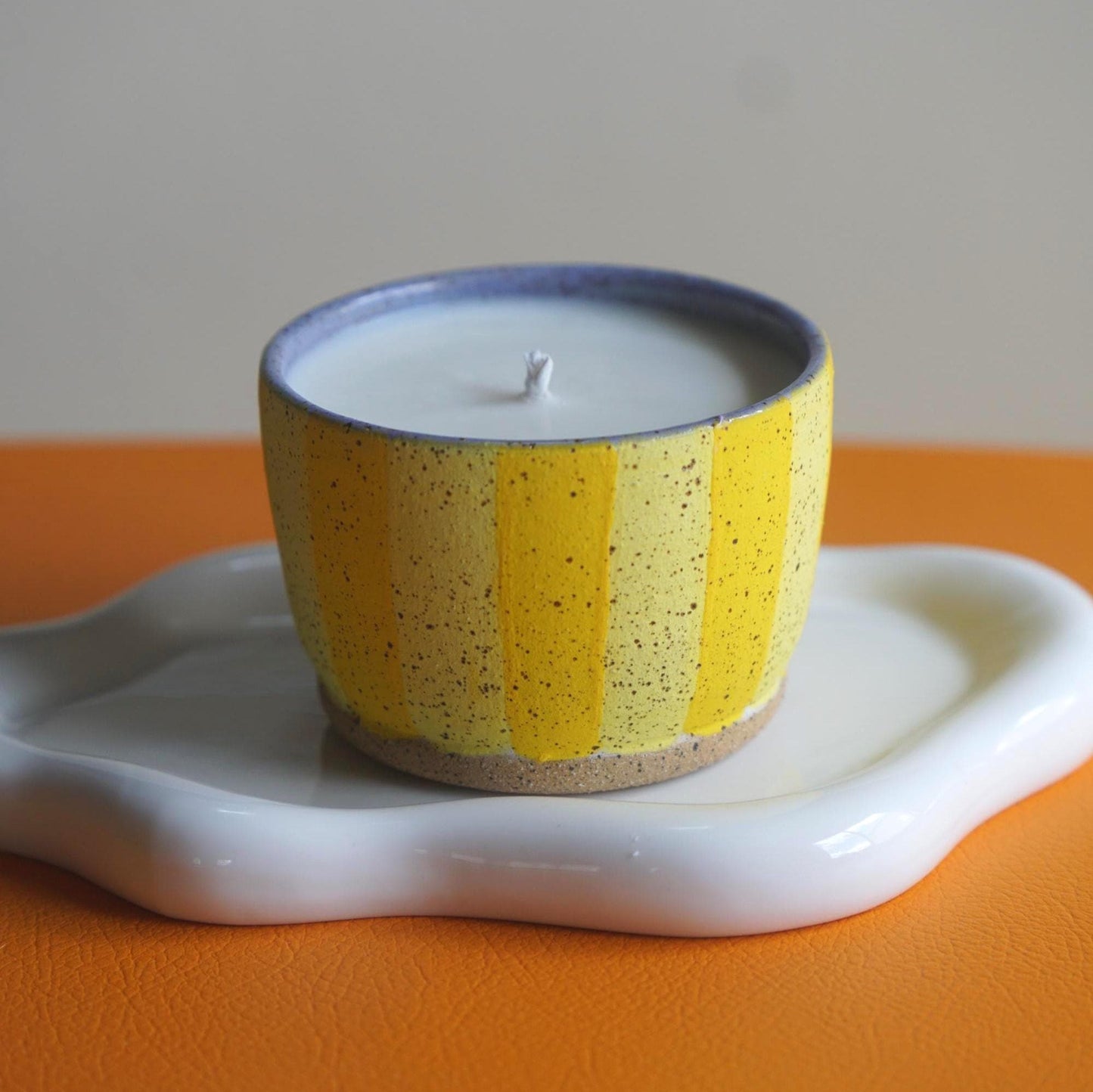 Yellow Striped Ceramic Candle