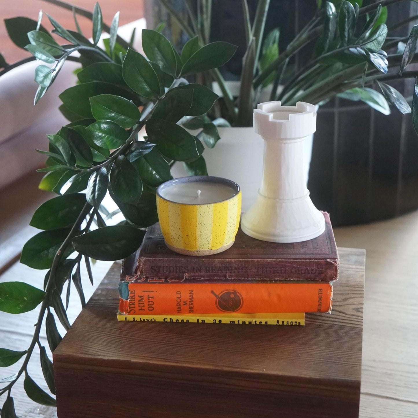 Yellow Striped Ceramic Candle