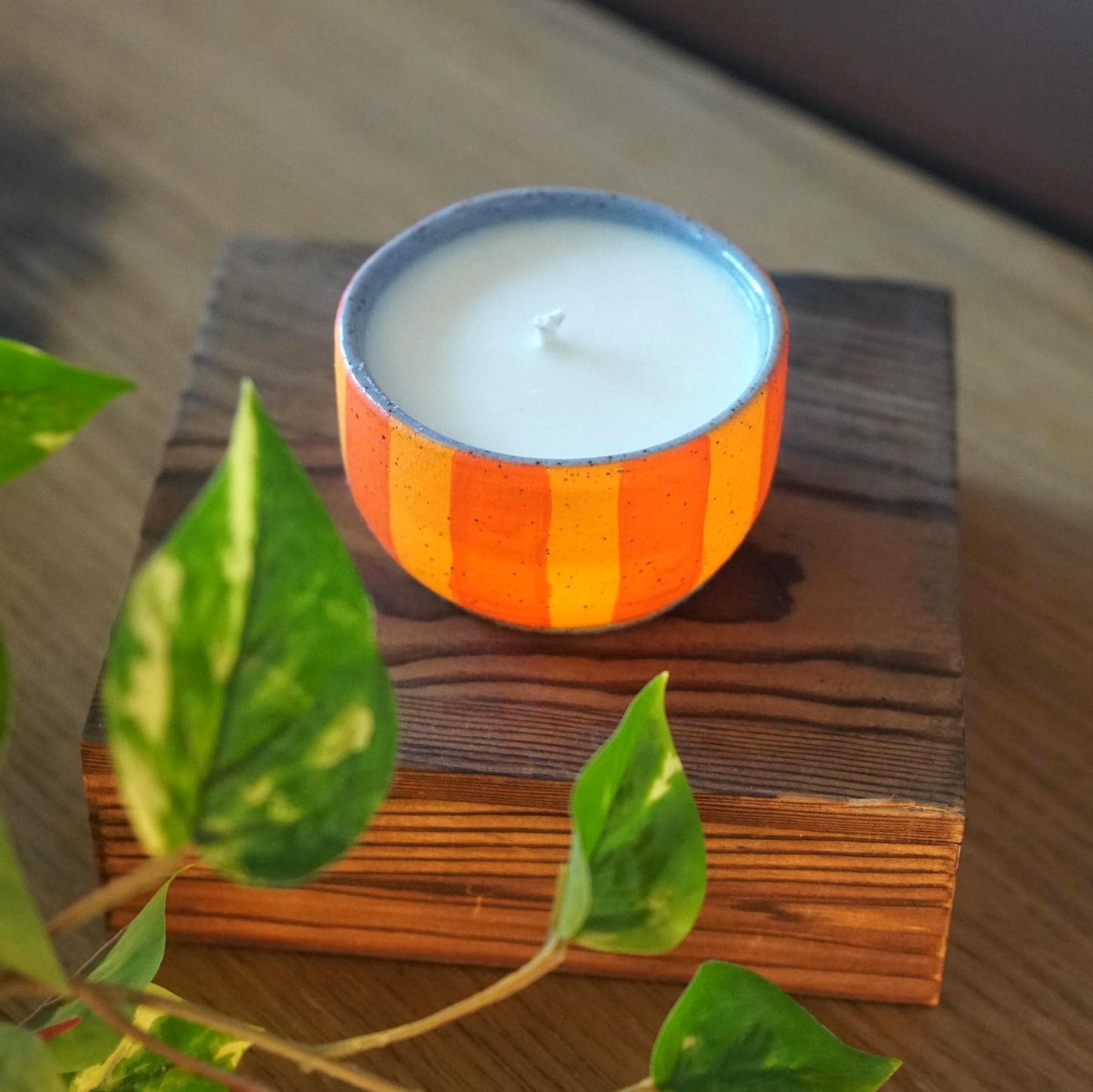 Orange Striped Ceramic Candle