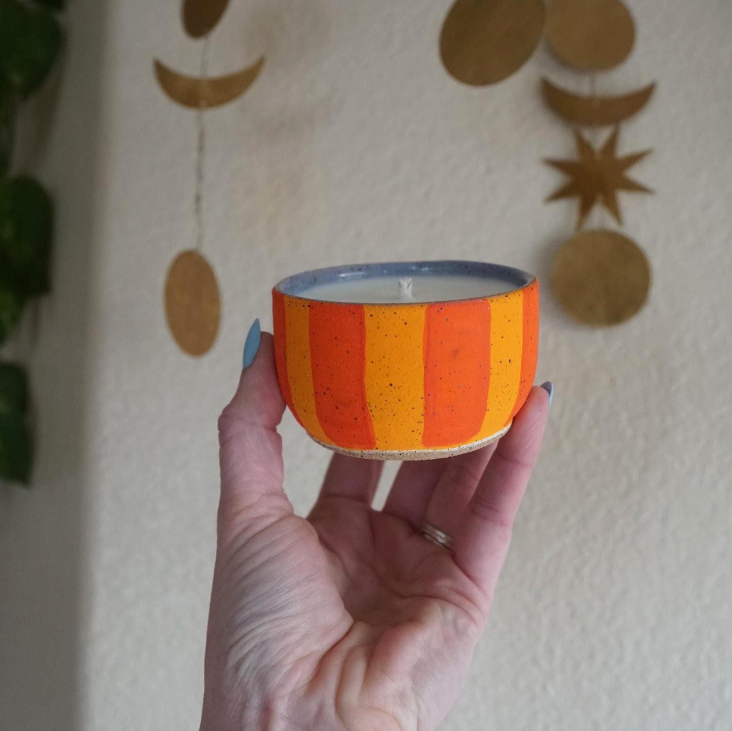 Orange Striped Ceramic Candle