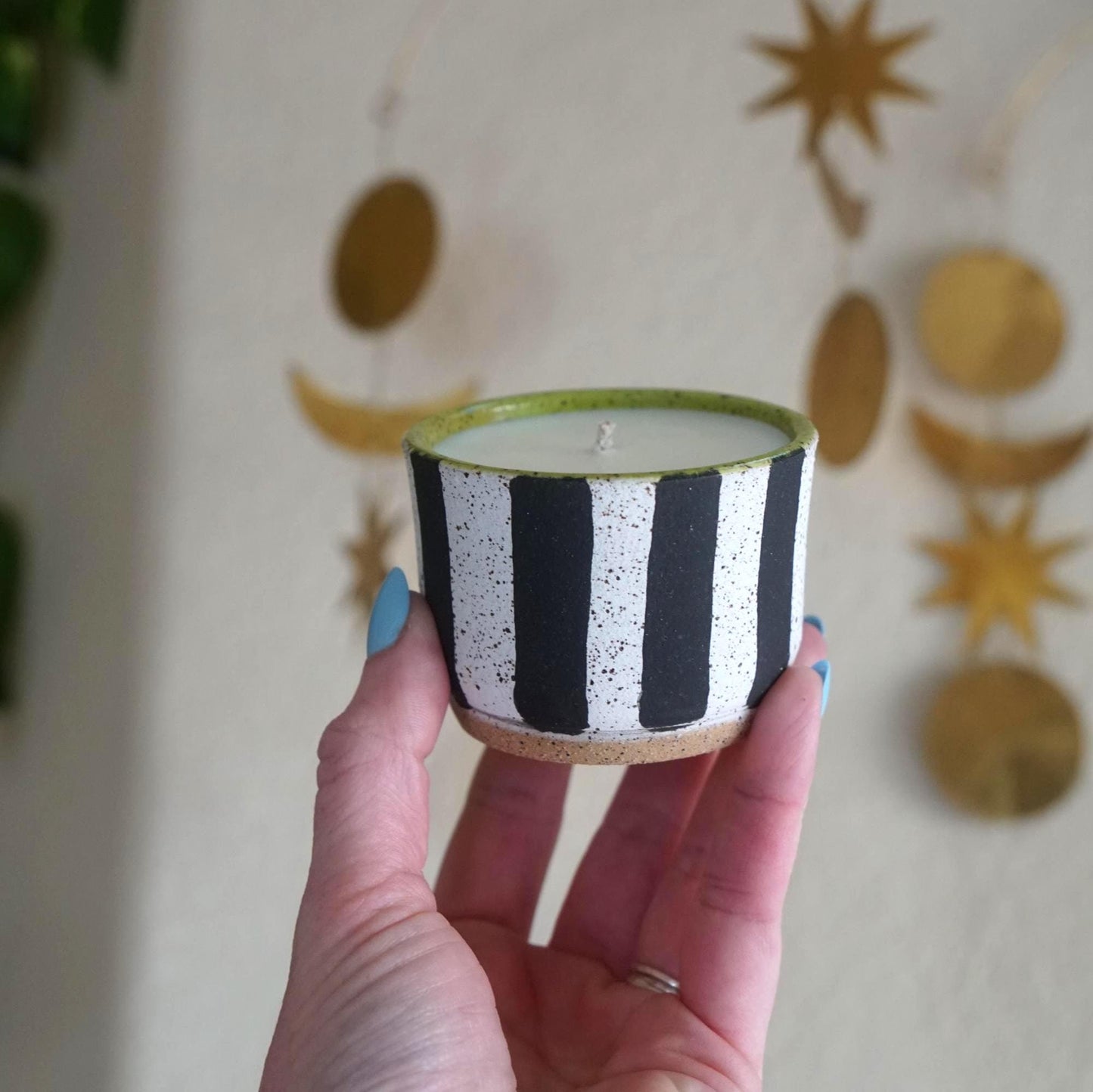 Black and White Striped Ceramic Candle