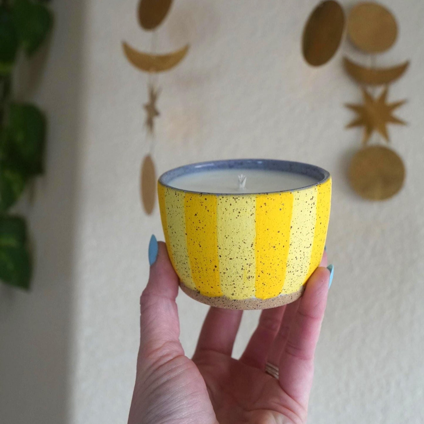 Yellow Striped Ceramic Candle