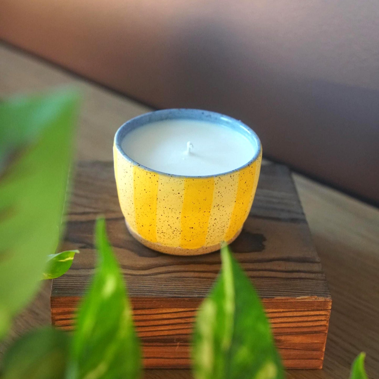 Yellow Striped Ceramic Candle
