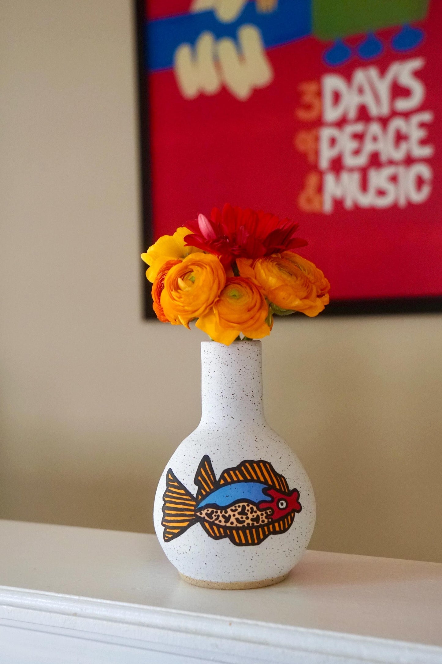 Orange and Blue Ceramic Fish Vase
