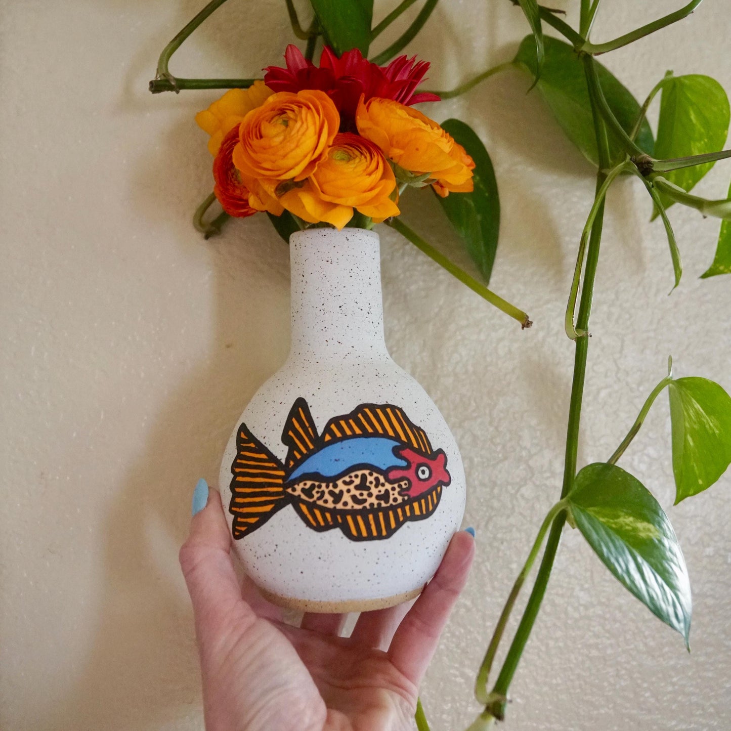Orange and Blue Ceramic Fish Vase