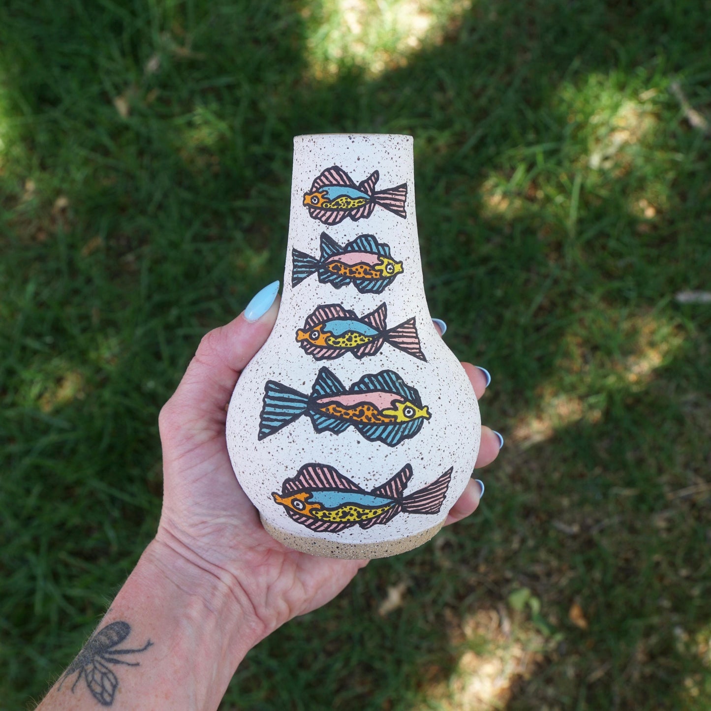 Pink and Teal Handmade Ceramic Fish Vase
