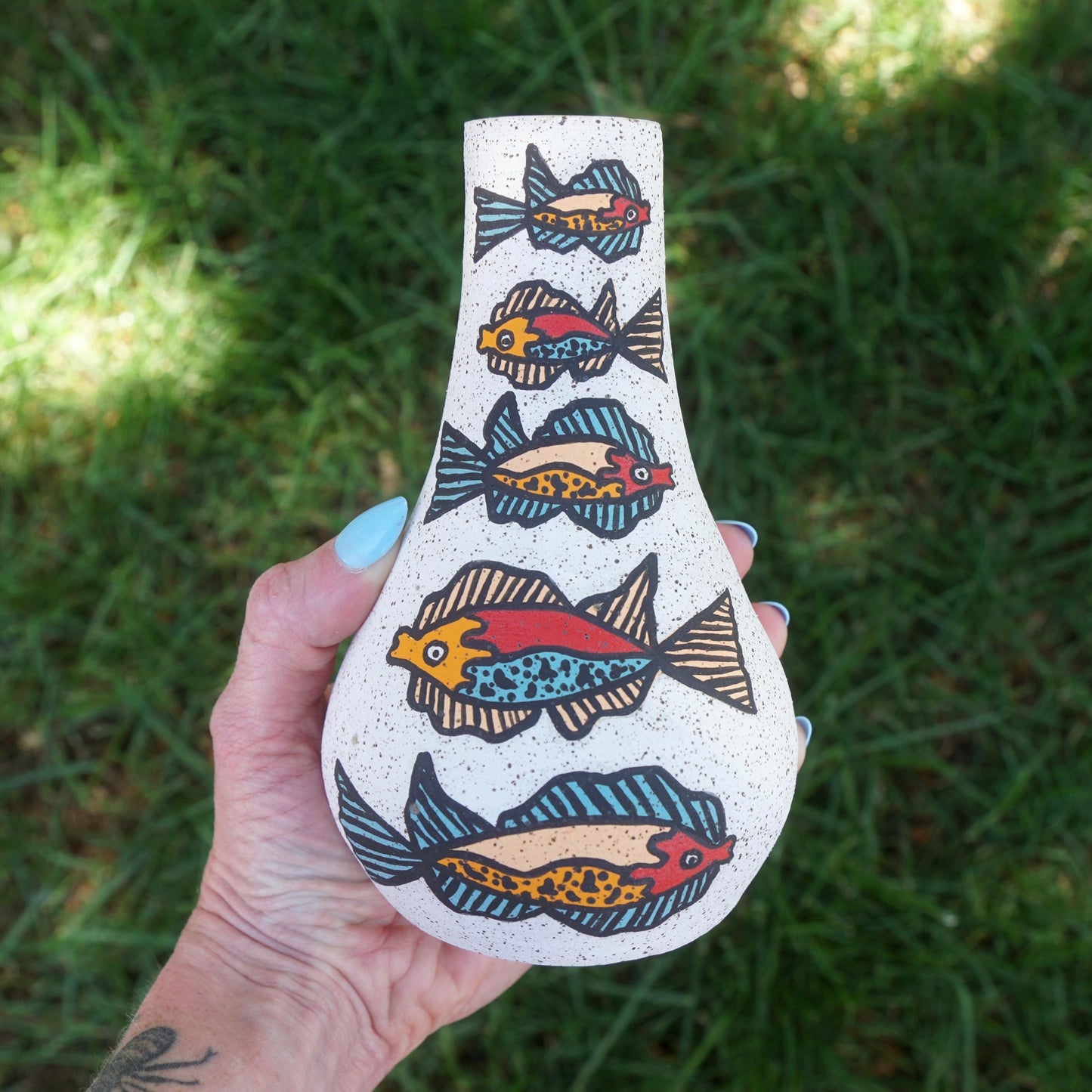 Red and Blue Ceramic Fish Vase