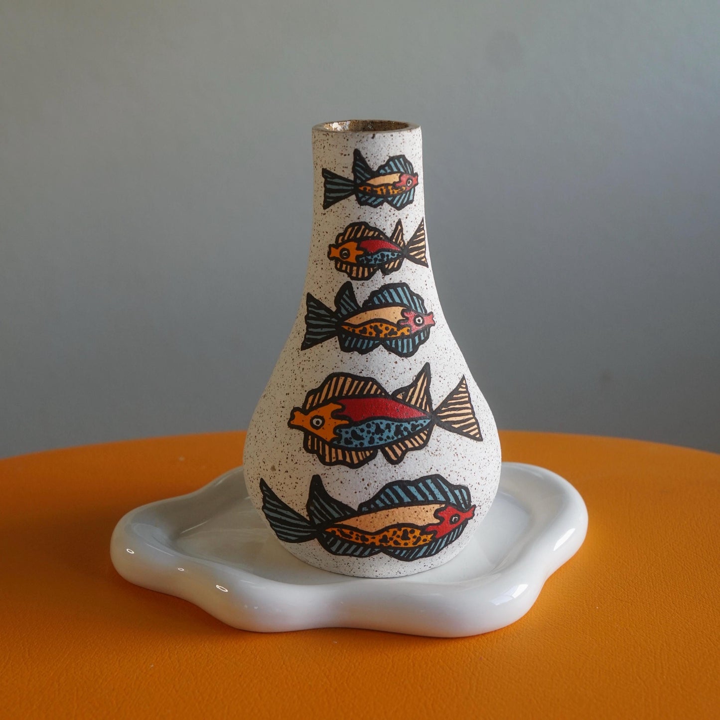Red and Blue Ceramic Fish Vase