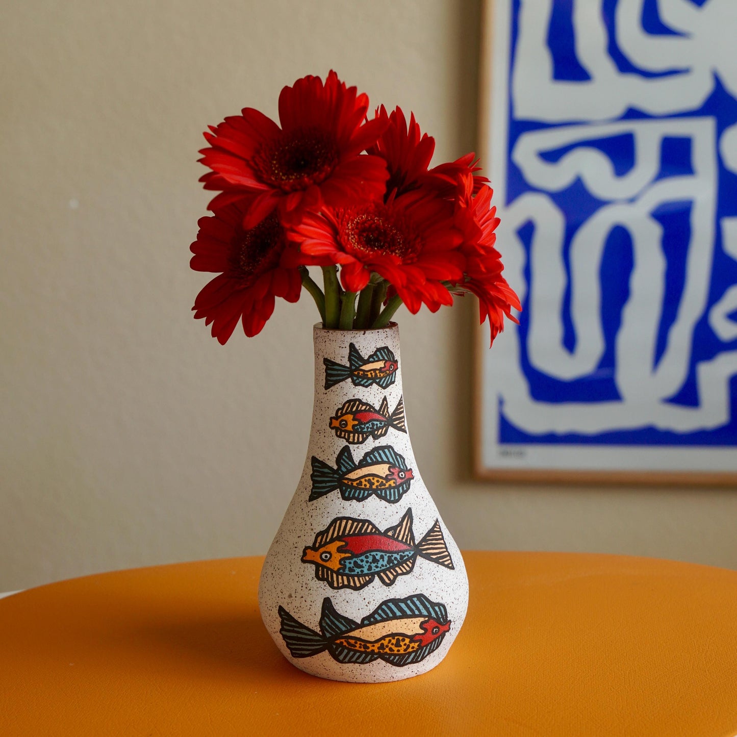 Red and Blue Ceramic Fish Vase