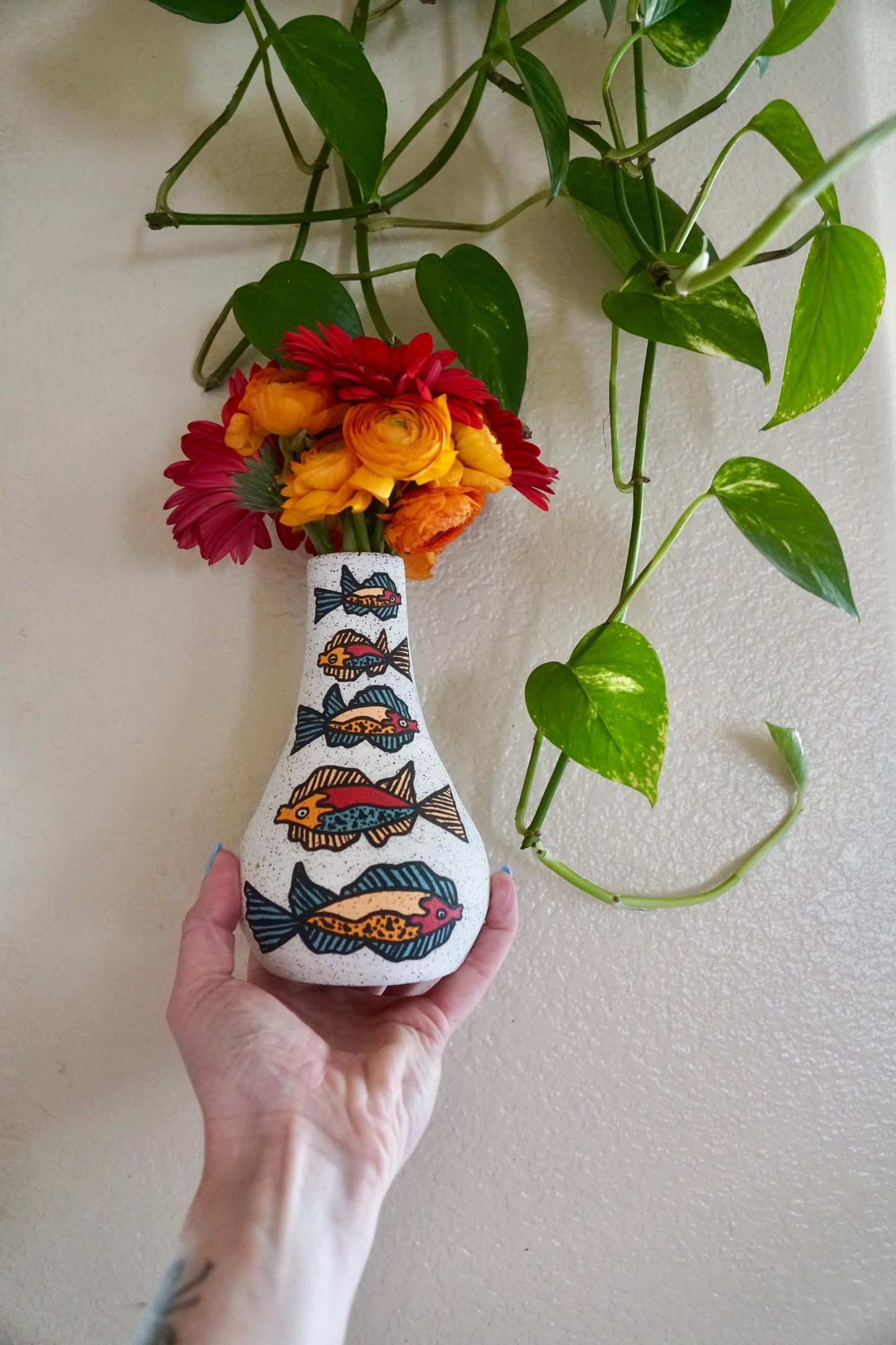 Red and Blue Ceramic Fish Vase