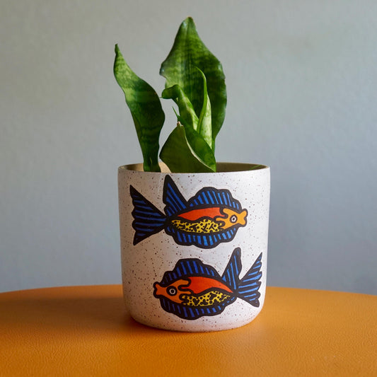 Bright Orange and Blue Ceramic Fish Planter