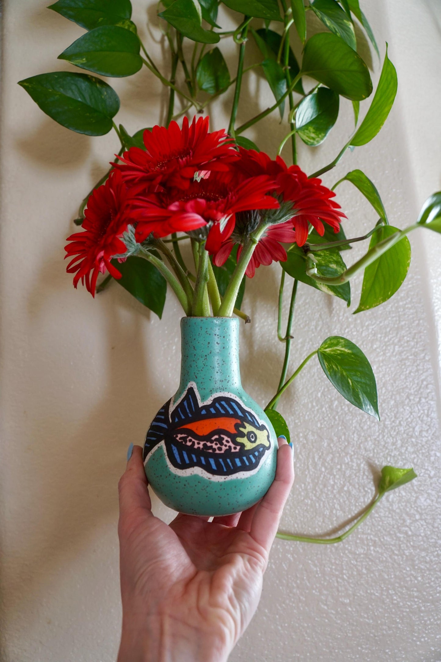 Teal Ceramic Fish Vase