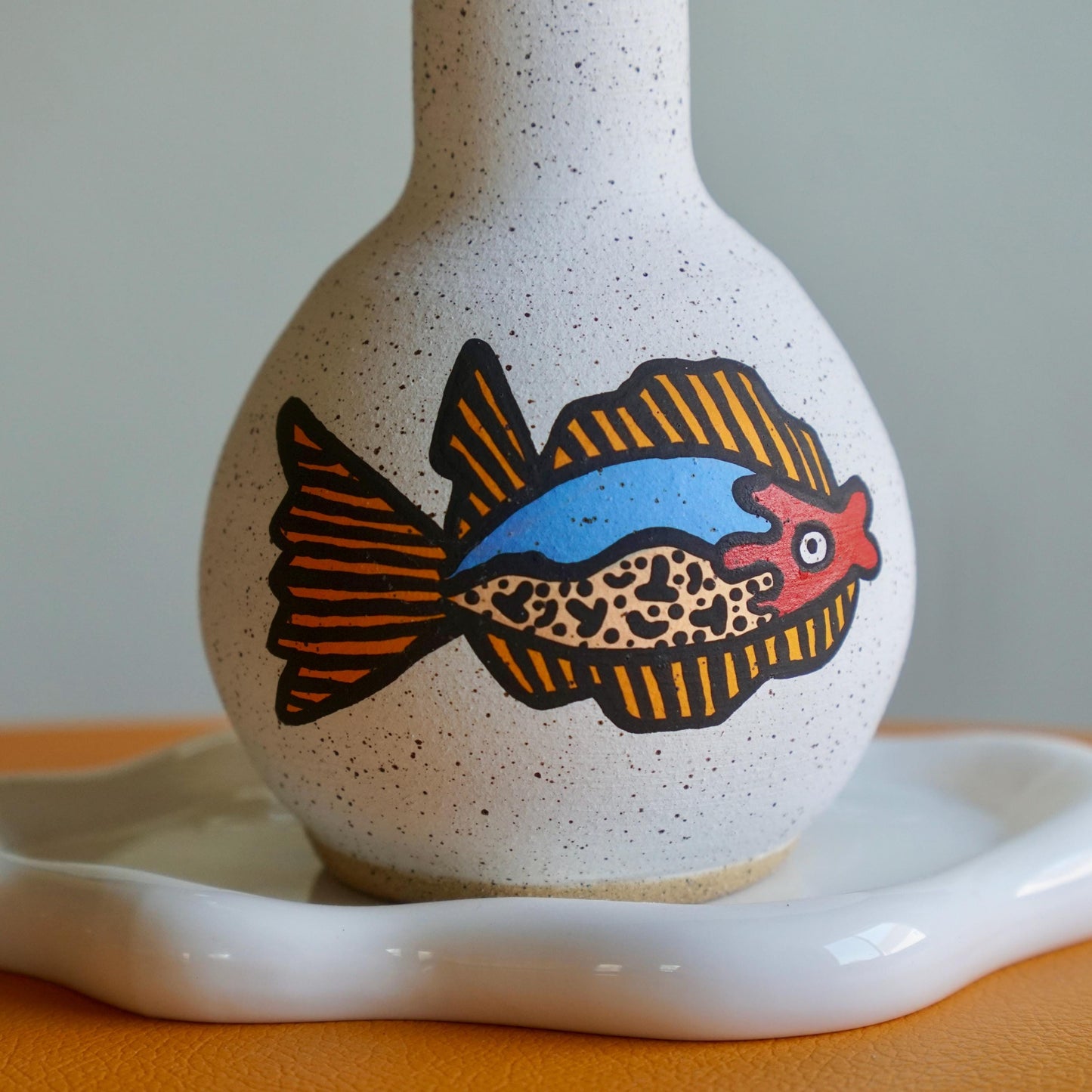 Orange and Blue Ceramic Fish Vase
