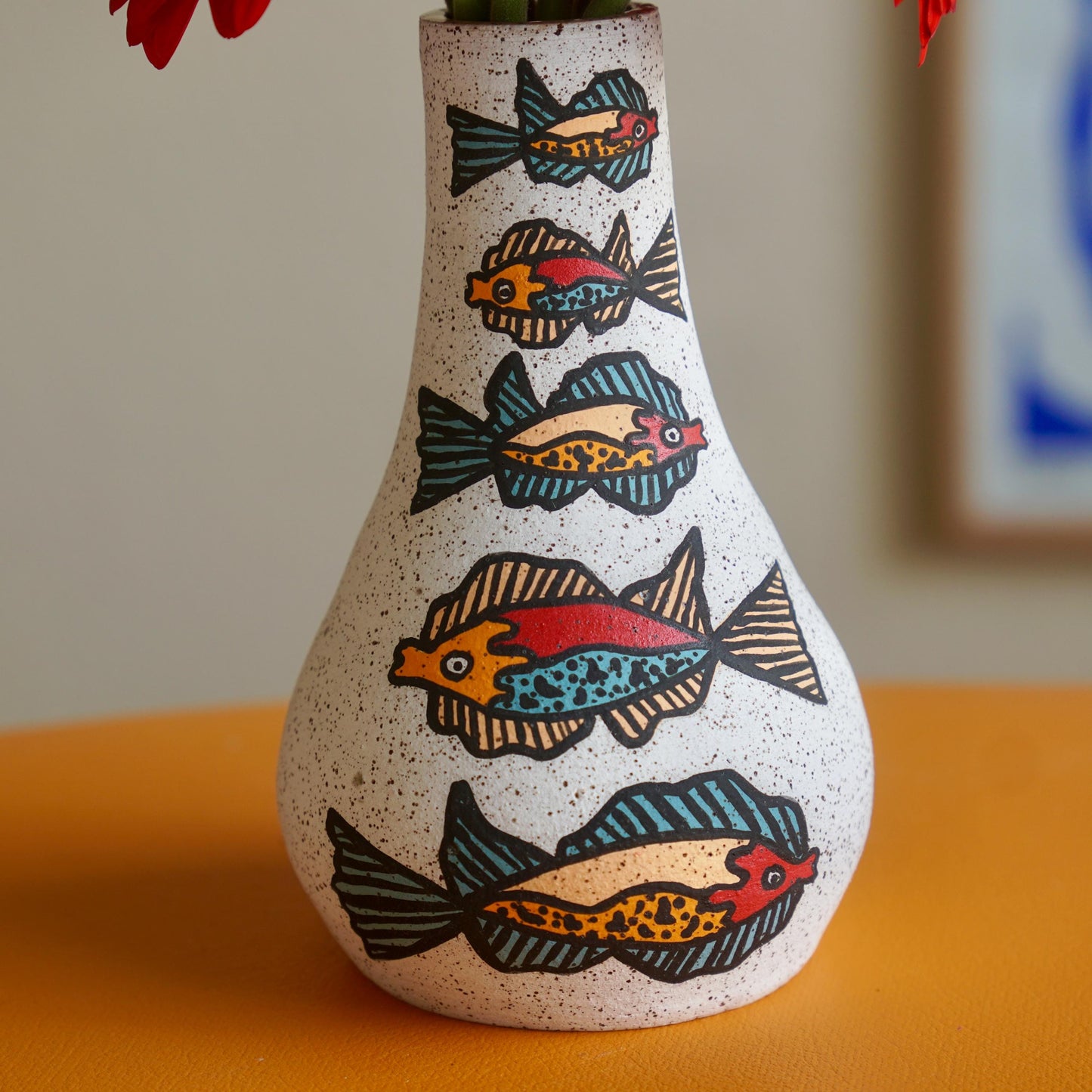Red and Blue Ceramic Fish Vase